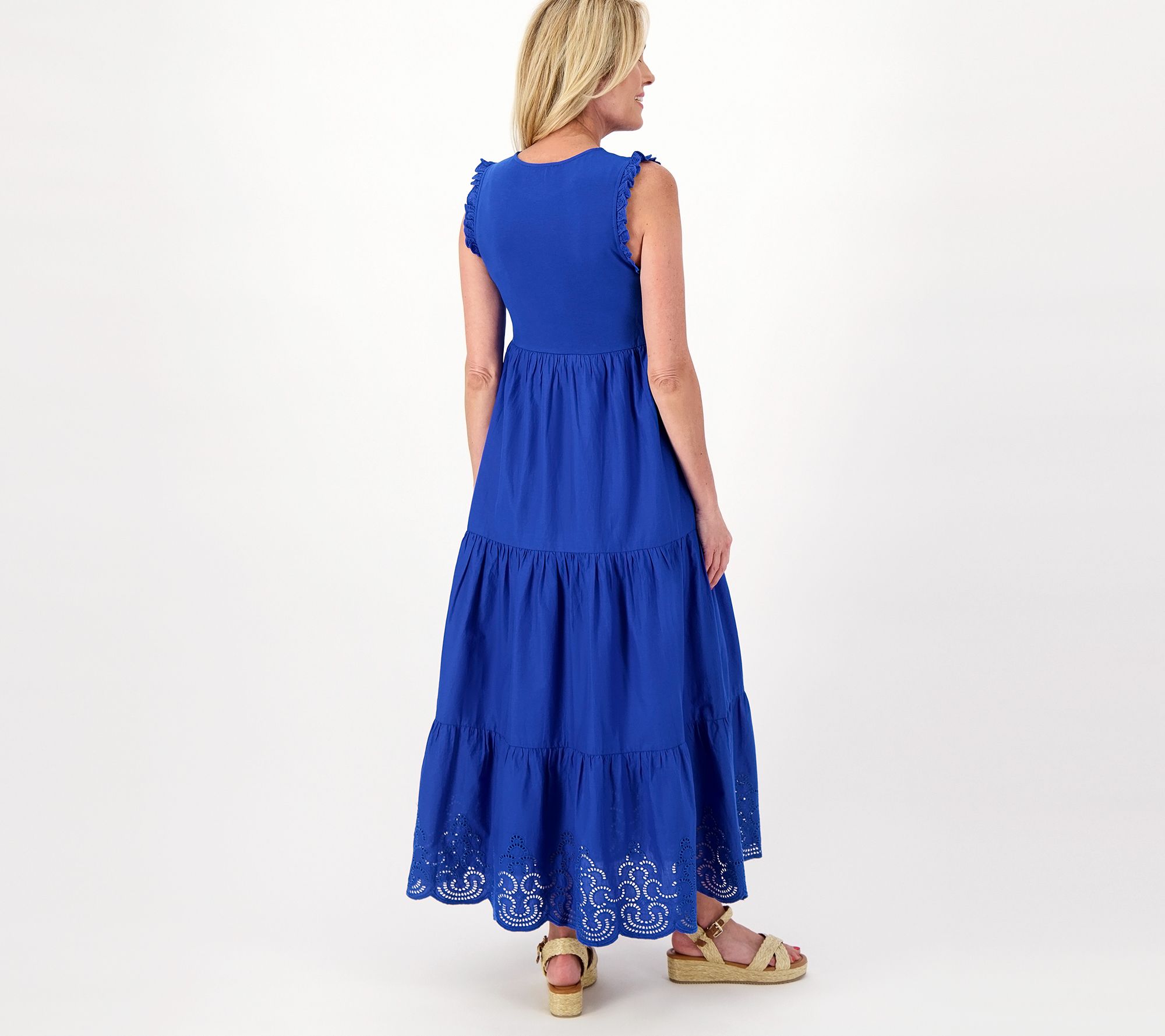 Destination 365 Embroidered Knit to Woven Tiered Midi Dress