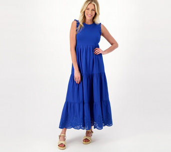 Destination 365 Embroidered Knit to Woven Tiered Midi Dress