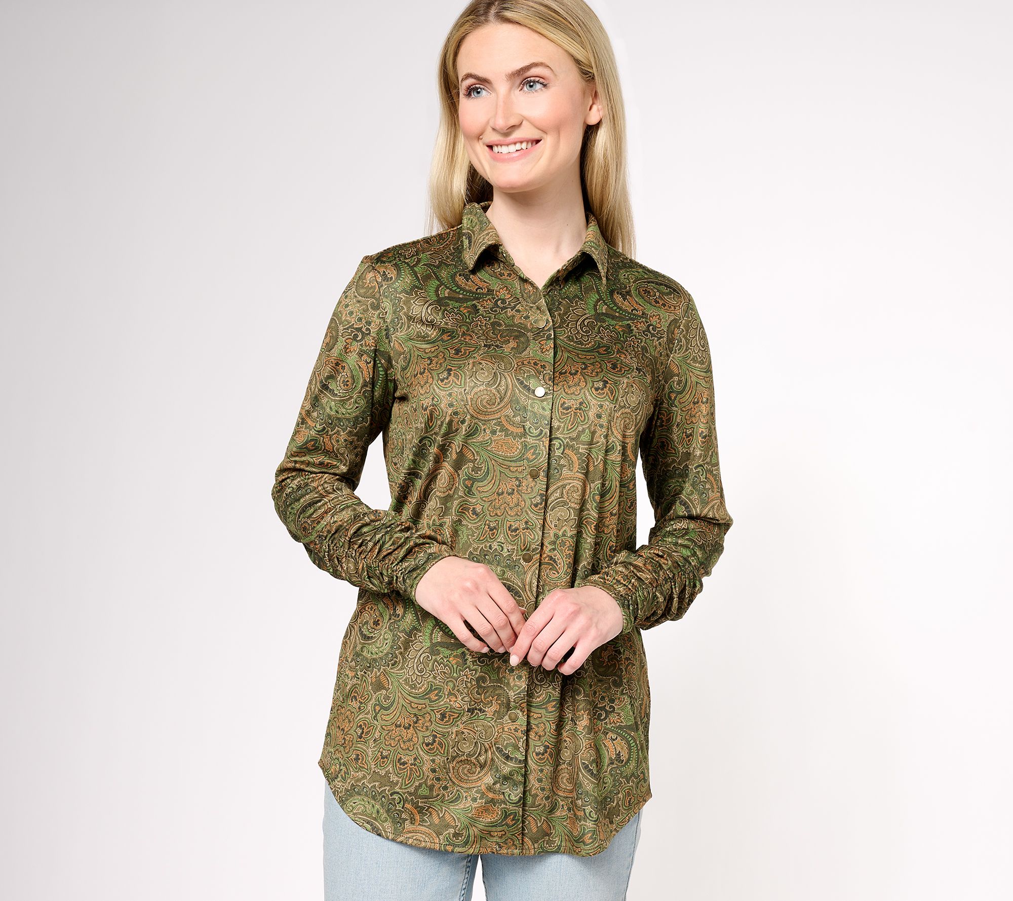 Susan Graver Reg Printed Faux Suede Knit Long-Sleeve Shirt