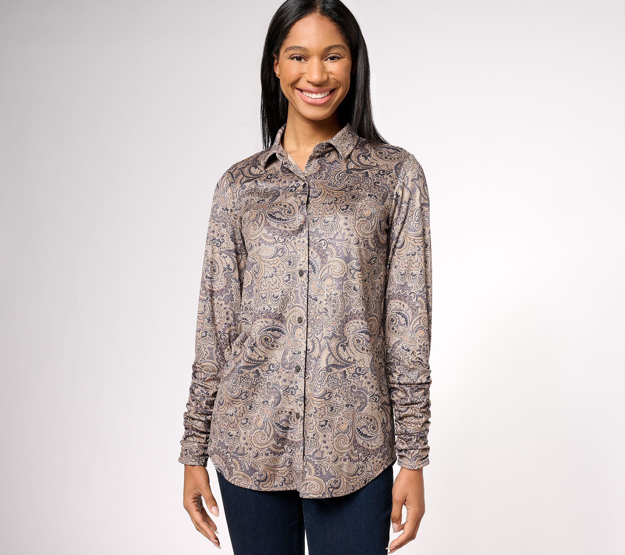 Susan Graver Reg Printed Faux Suede Knit Long-Sleeve Shirt