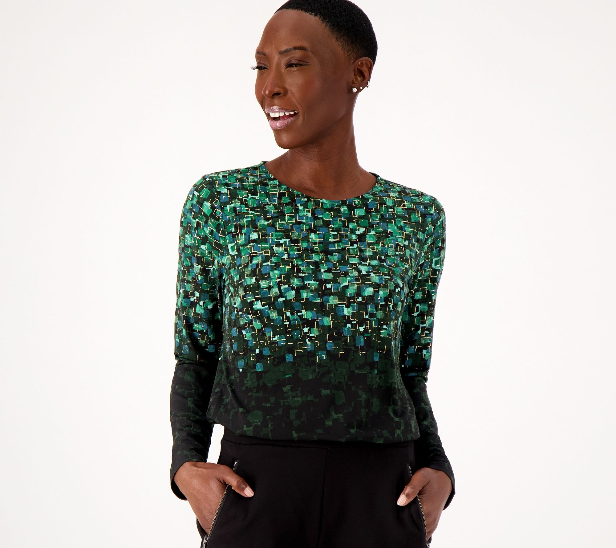 "As Is" Susan Graver Foil Printed Liquid Knit Long Slv Crew Neck Top