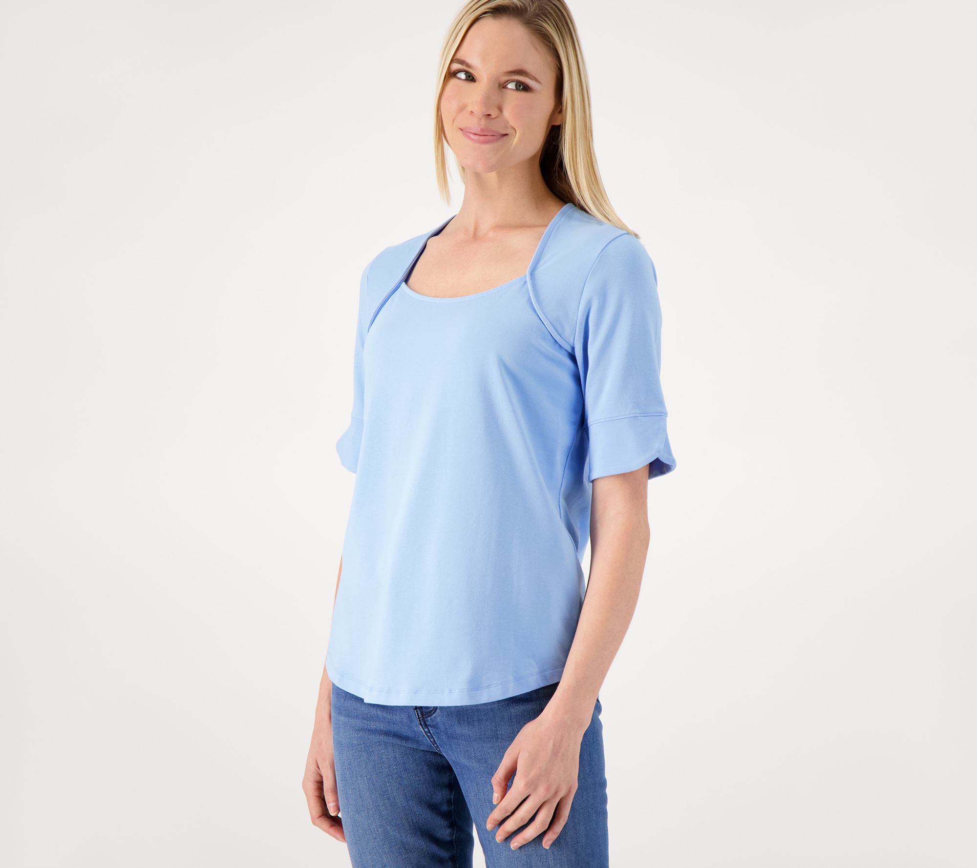 "As Is" Isaac Mizrahi Live Wrap Neckline Top with Tulip Sleeve Detail