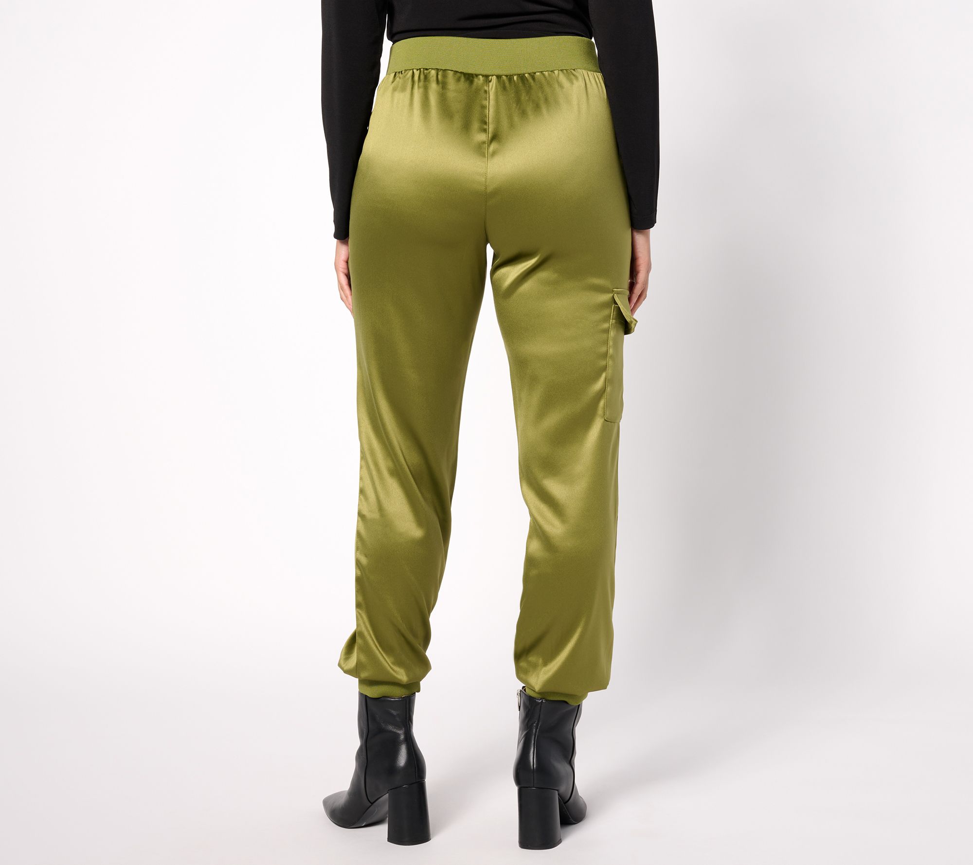 LOGO by Lori Goldstein Regular Satin Cargo Pant with Rib Waistband