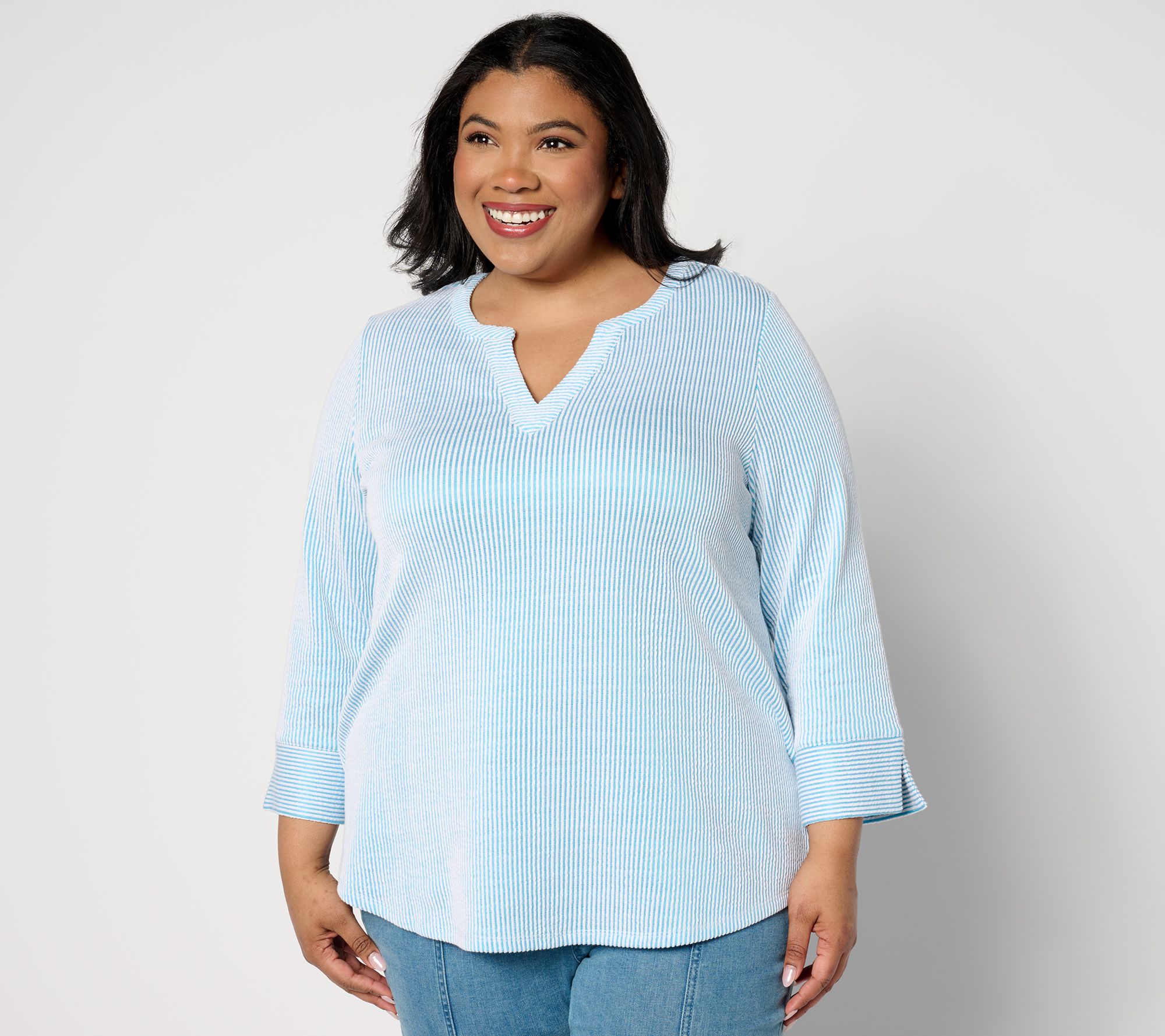 Joan Rivers Knit Seersucker 3/4-Sleeve Pullover Top