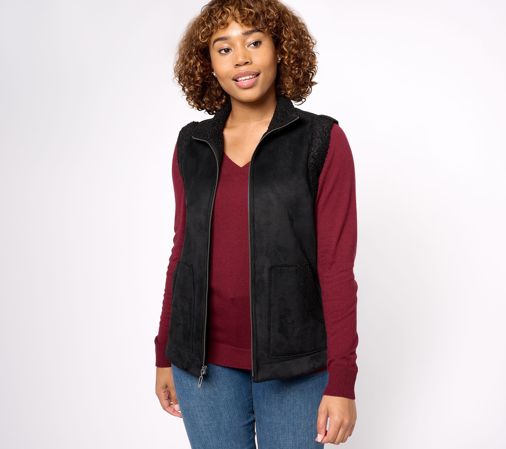 "As Is" Susan Graver Weekend Bonded Sherpa/ Faux Suede Zip-Front Vest