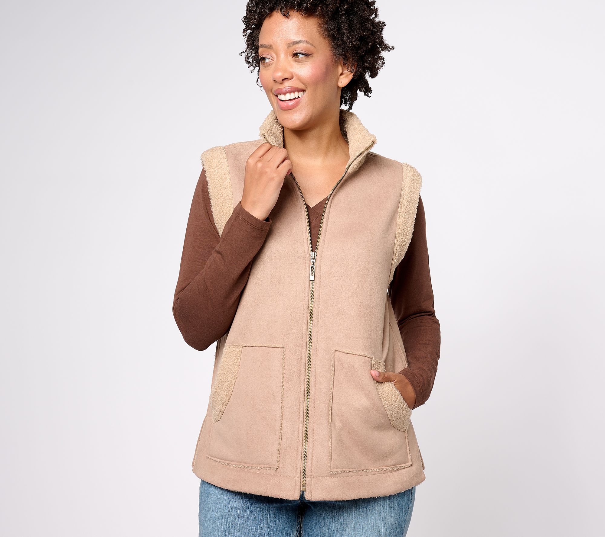 "As Is" Susan Graver Weekend Bonded Sherpa/ Faux Suede Zip-Front Vest