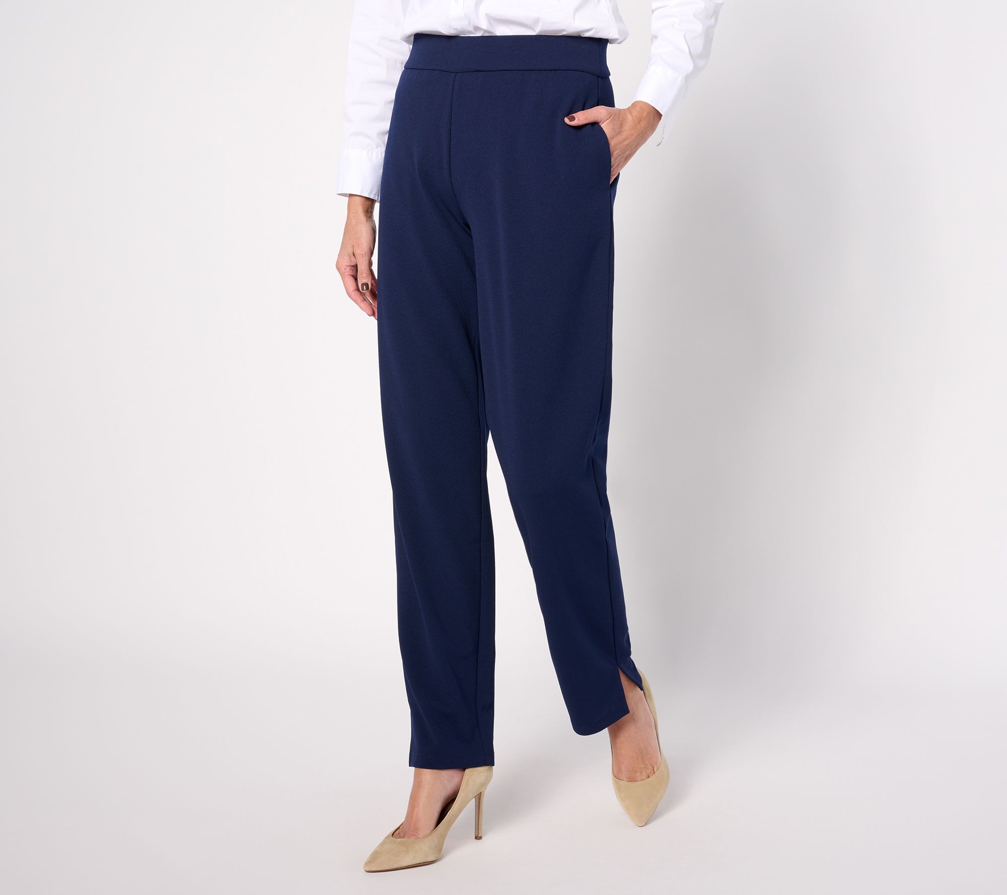 "As Is" Dennis Basso Petite Luxe Crepe Slim Straight Pull On Pants