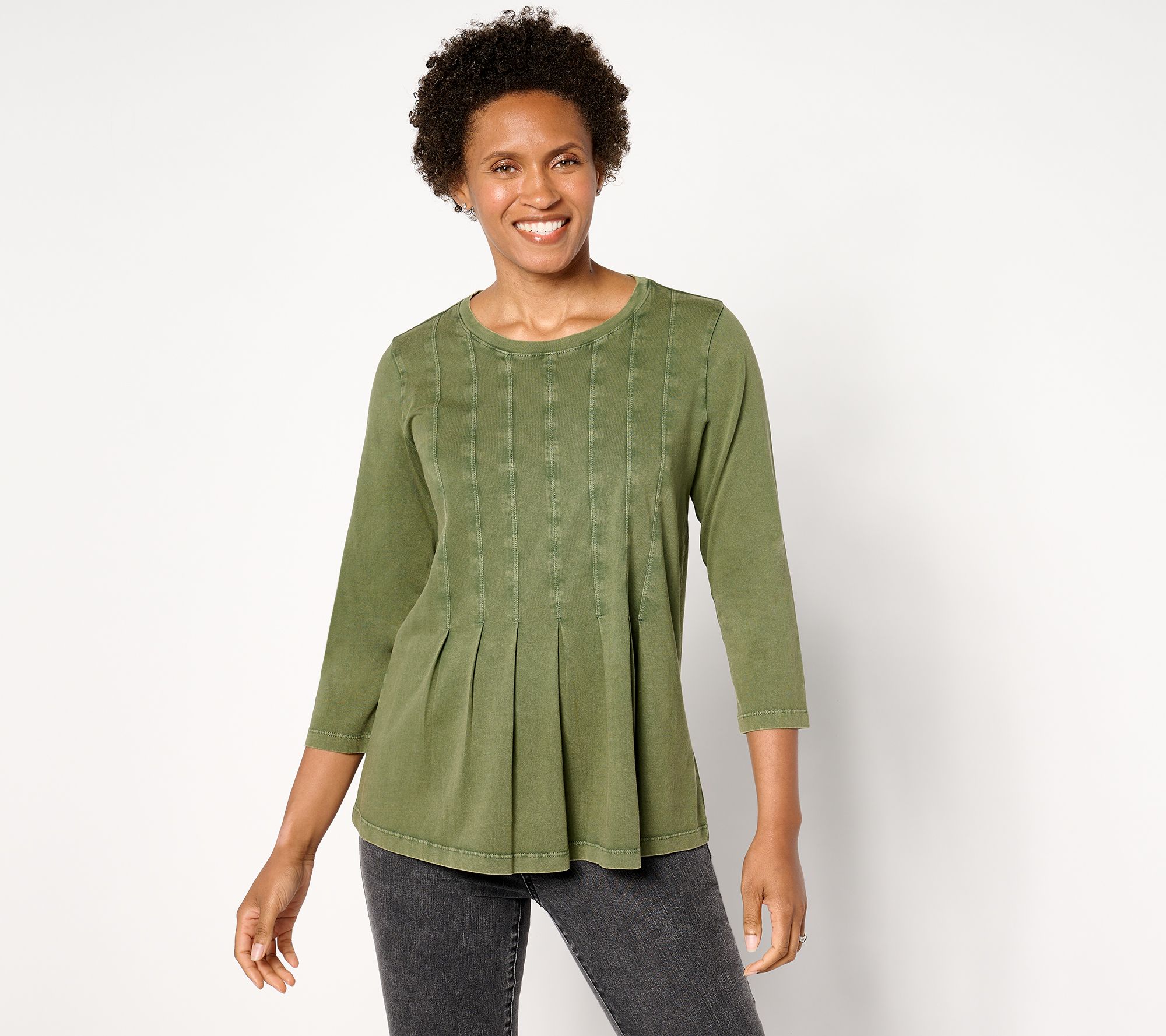 LOGO Life by Lori Goldstein Elbow-Sleeve Crewneck with Pleats Top