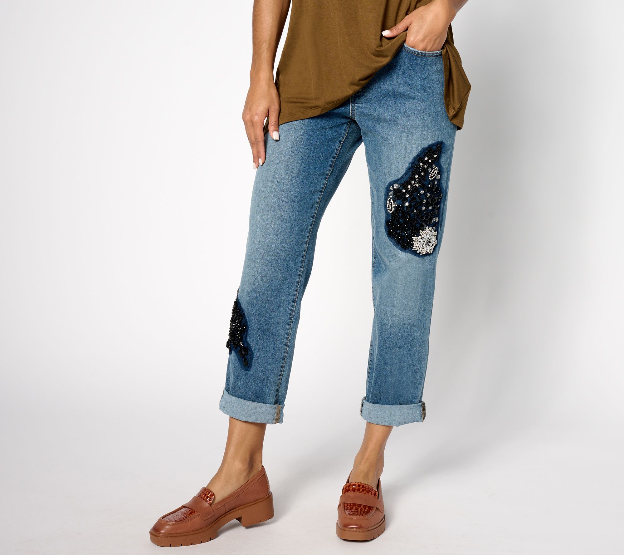 "As Is" LOGO by Lori Goldstein Pet. Boyfriend Jeans with Embellishment