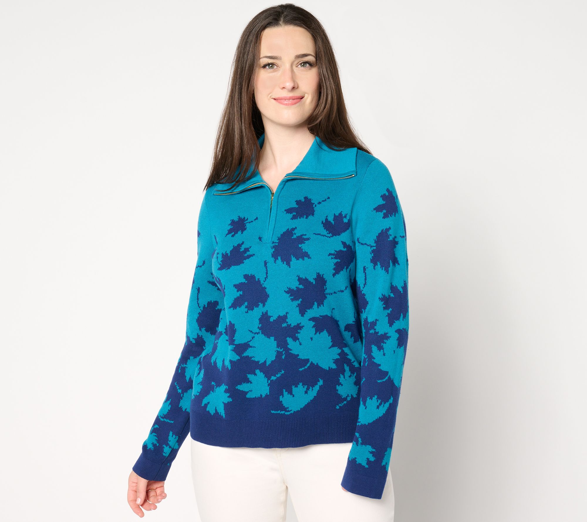 Isaac Mizrahi Live! Half Zip Jacquard Mock Neck Pullover Sweater