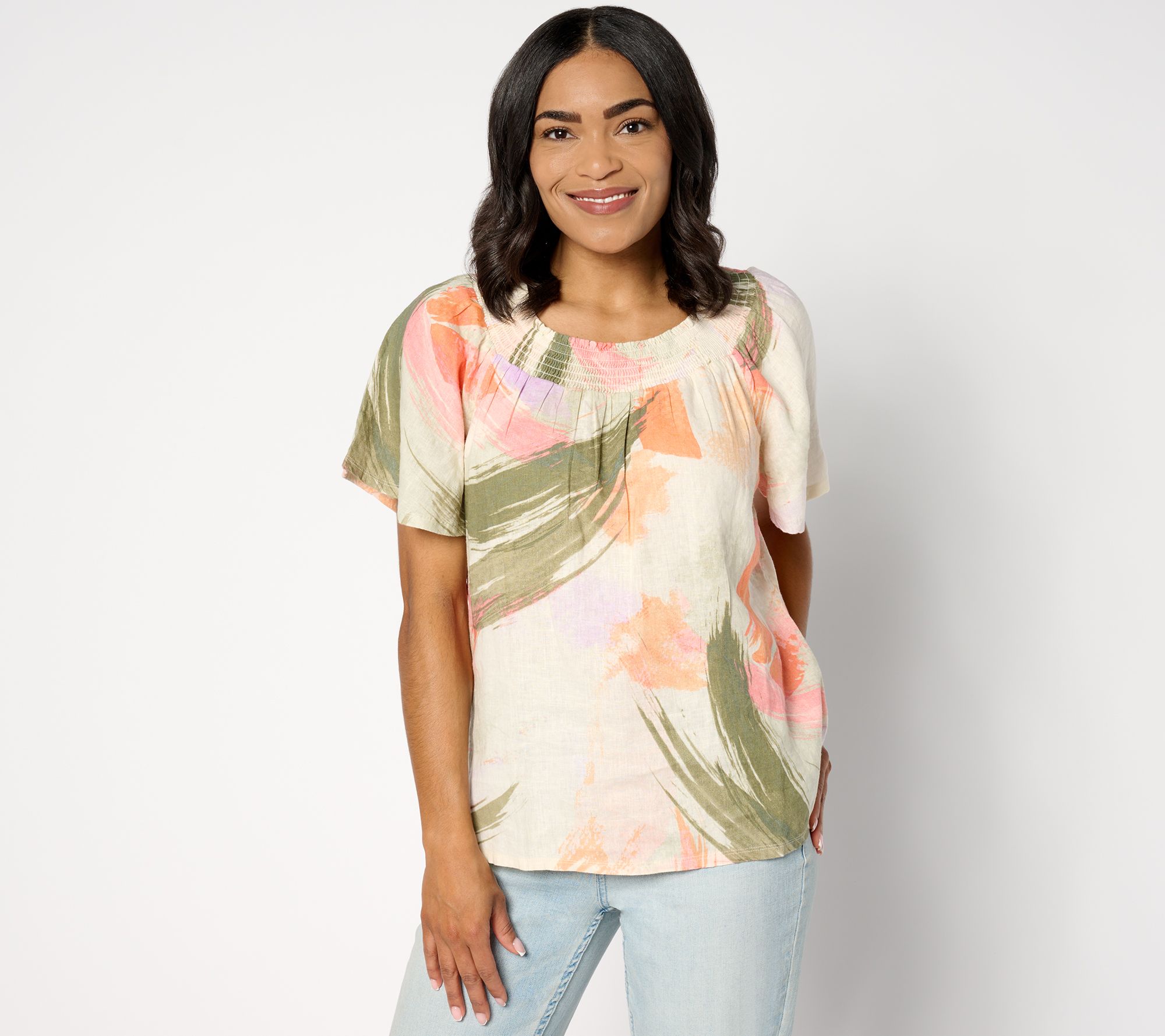 "As Is" Denim & Co. Naturals Linen Blend Flutter Sleeve Smocked Blouse