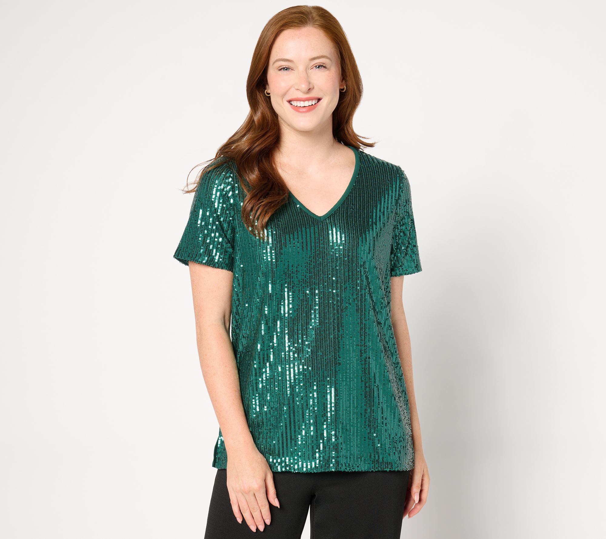 Jingle Belles by Kim Gravel Sequin Front Knit Back V Neck Top