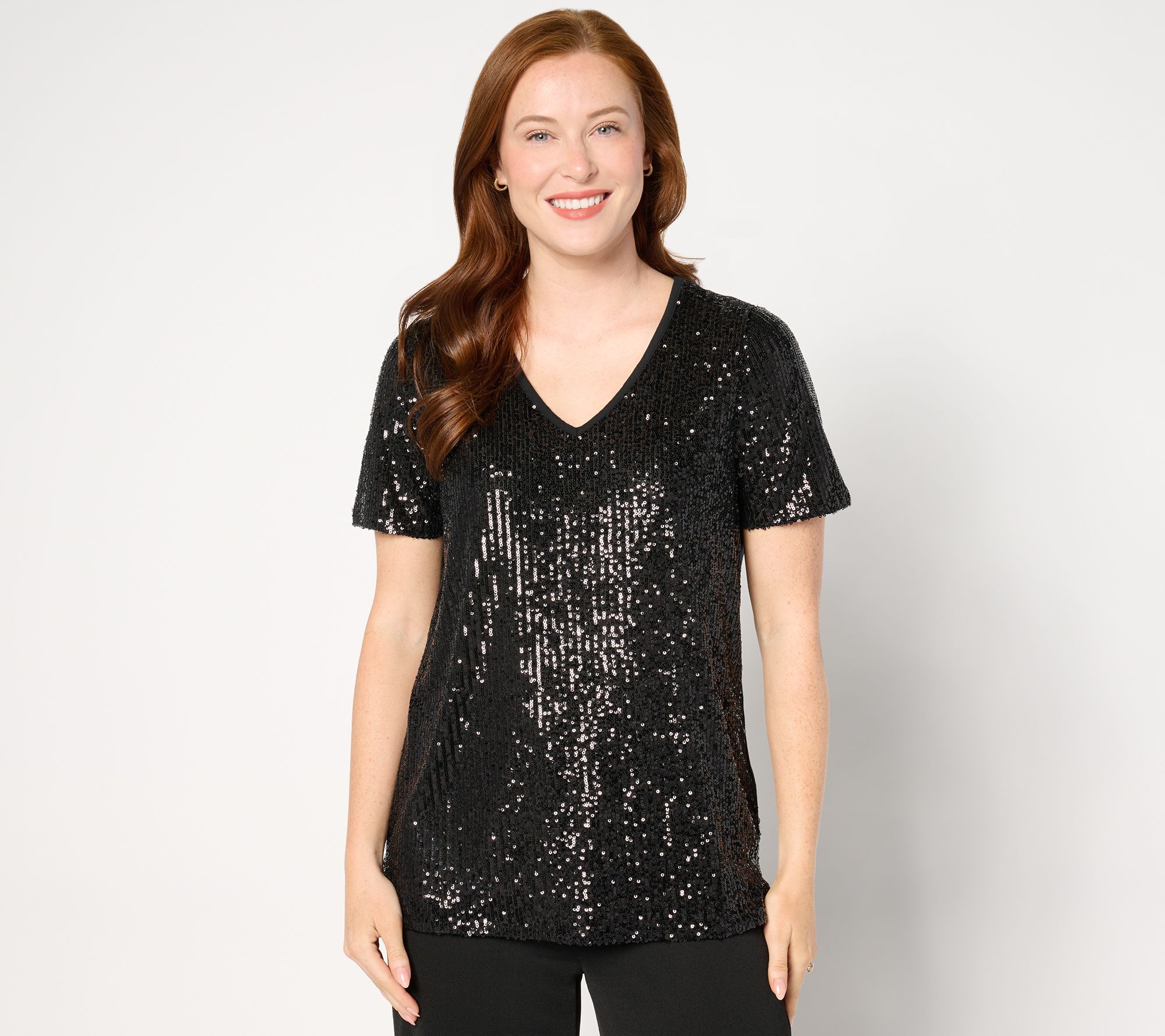 Jingle Belles by Kim Gravel Sequin Front Knit Back V Neck Top
