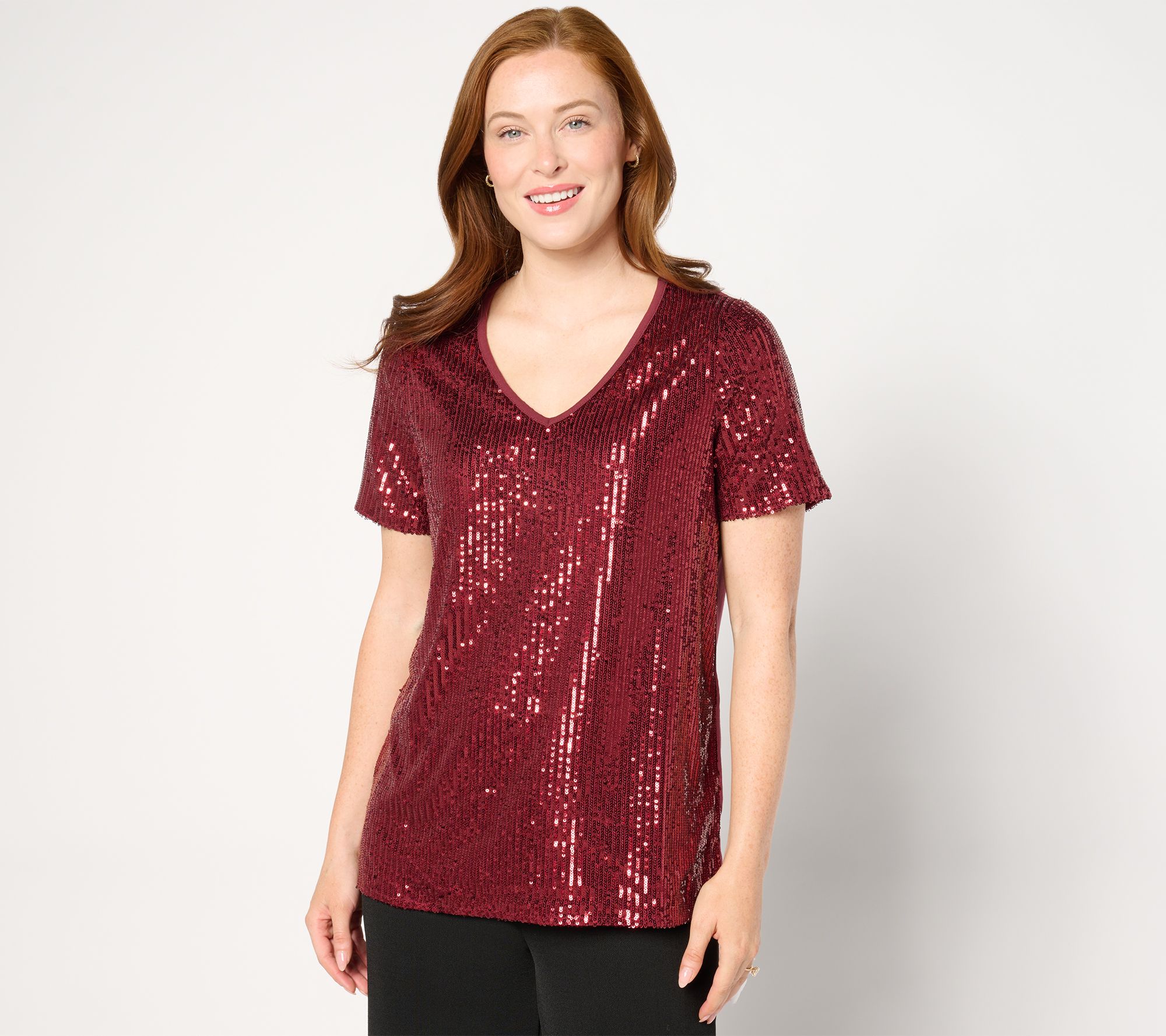 Jingle Belles by Kim Gravel Sequin Front Knit Back V Neck Top