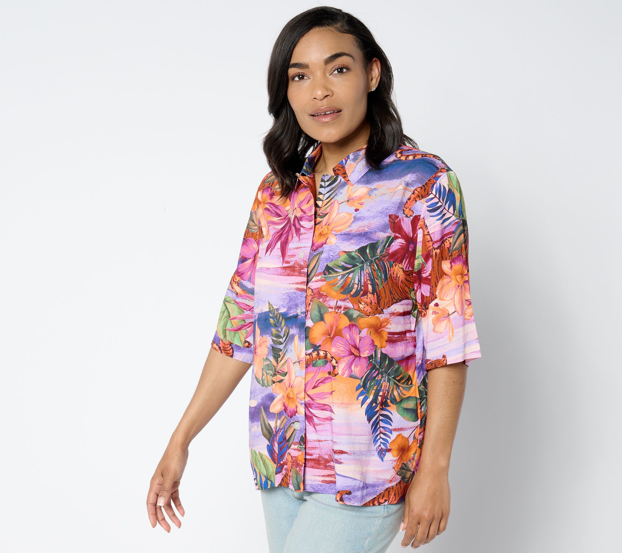 "As Is" Women with Control Printed Woven Cabana Shirt