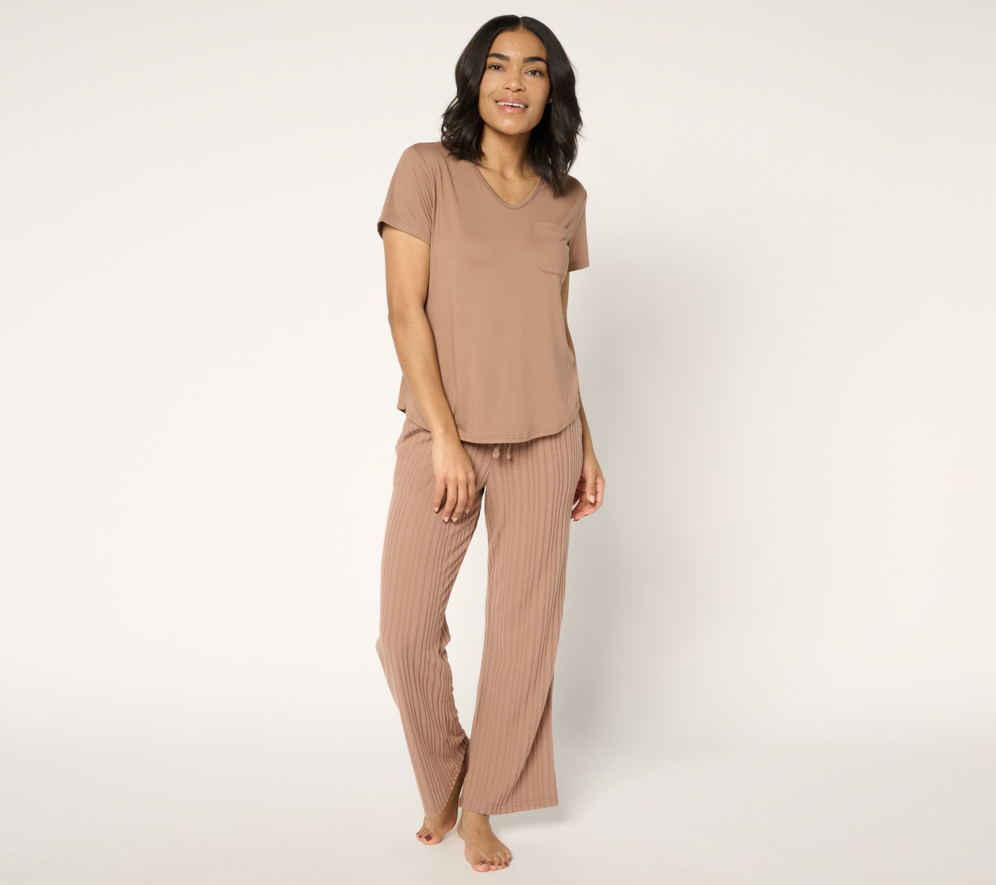 MUK LUKS Cloud Knit V-Neck and Varigated Rib Pant Lounge Set