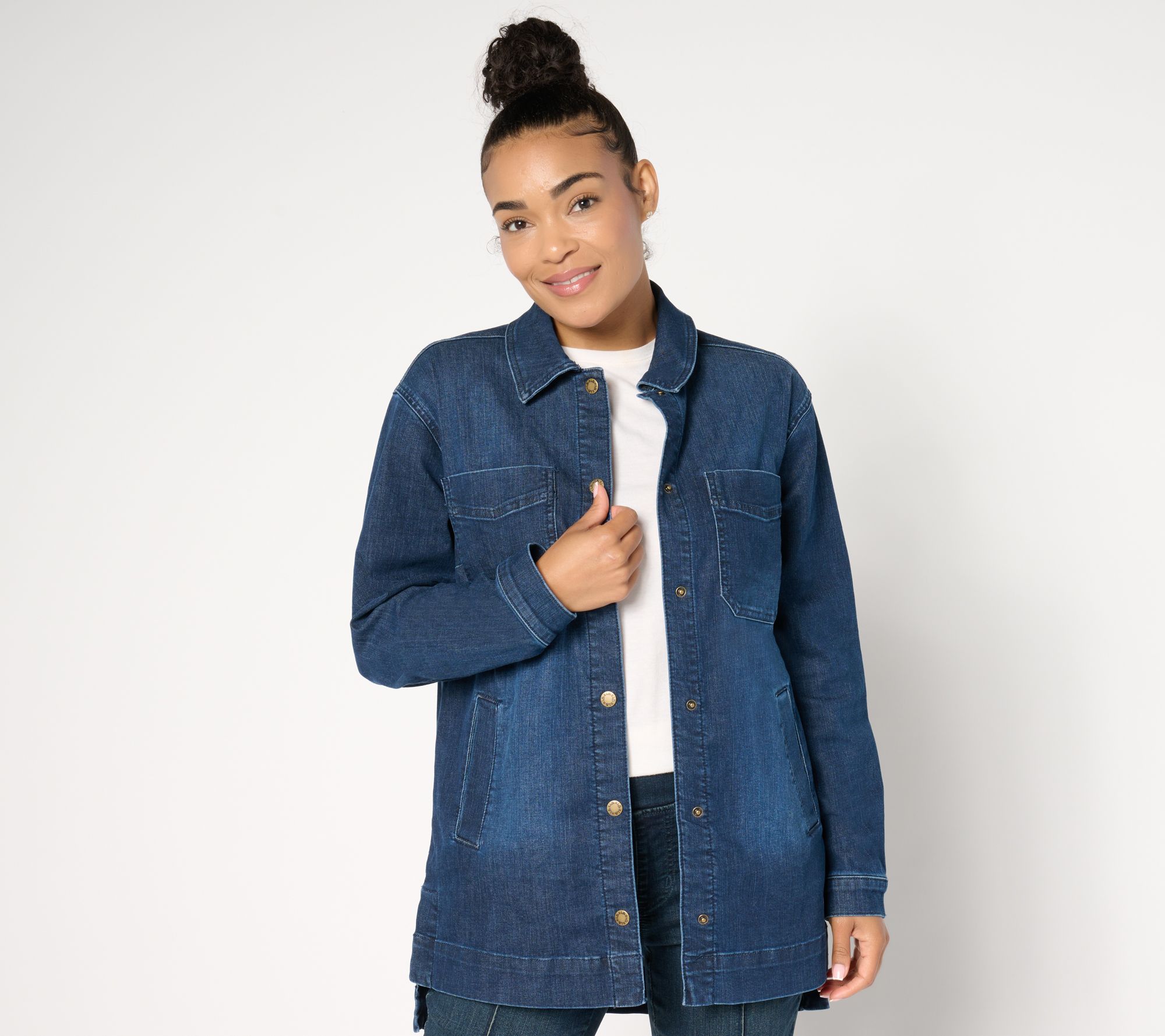 "As Is" Belle by Kim Gravel Stretch Denim High Low Snap Front Shacket