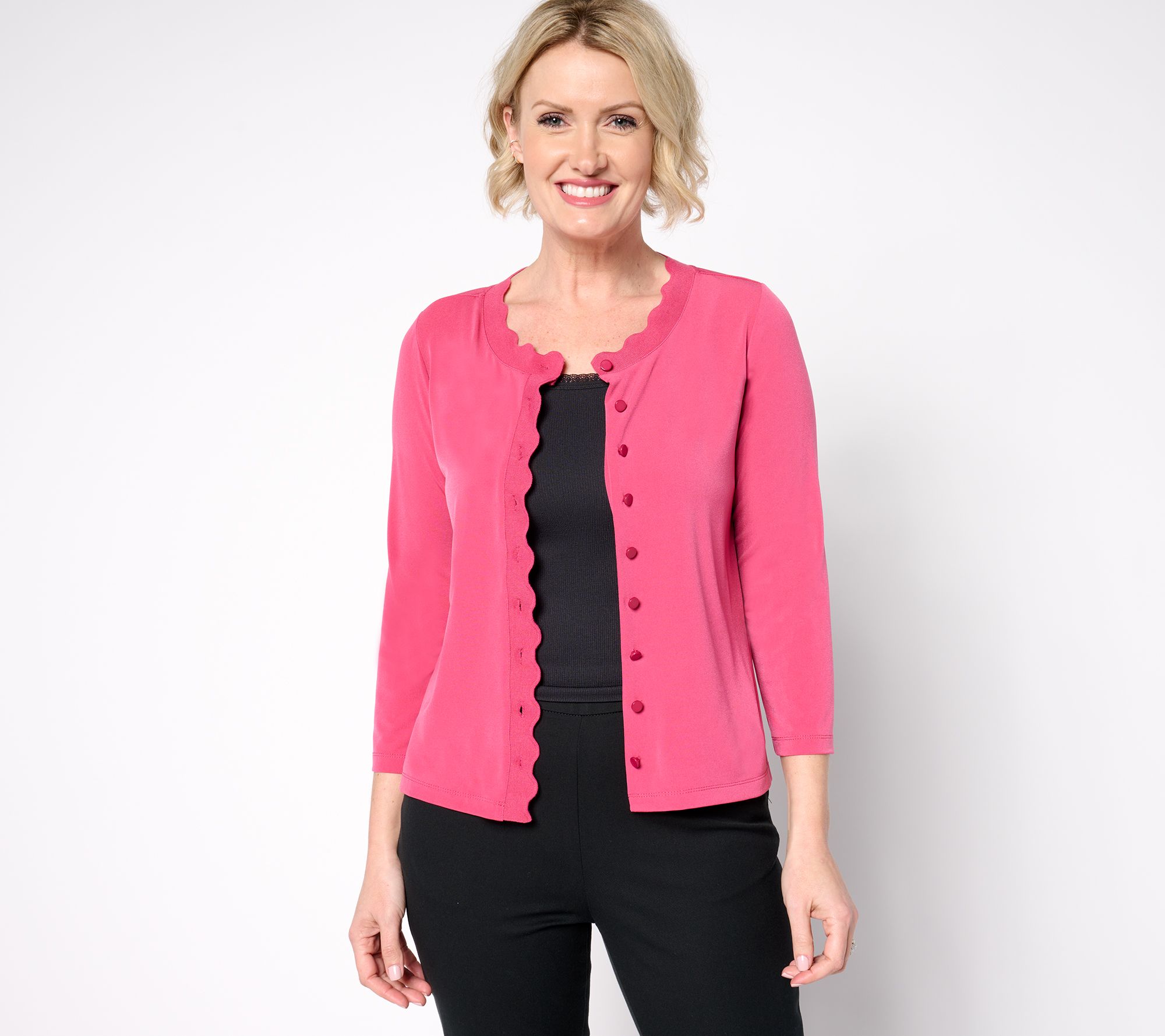Susan Graver Liquid Knit Button-Front Shrug w/ Scalloped Trim