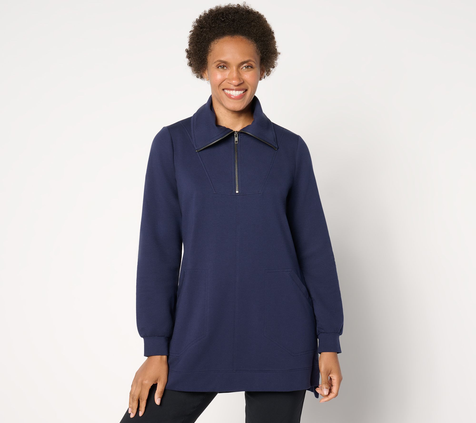 "As Is" Joan Rivers French Terry Half Zip Mock Neck Tunic