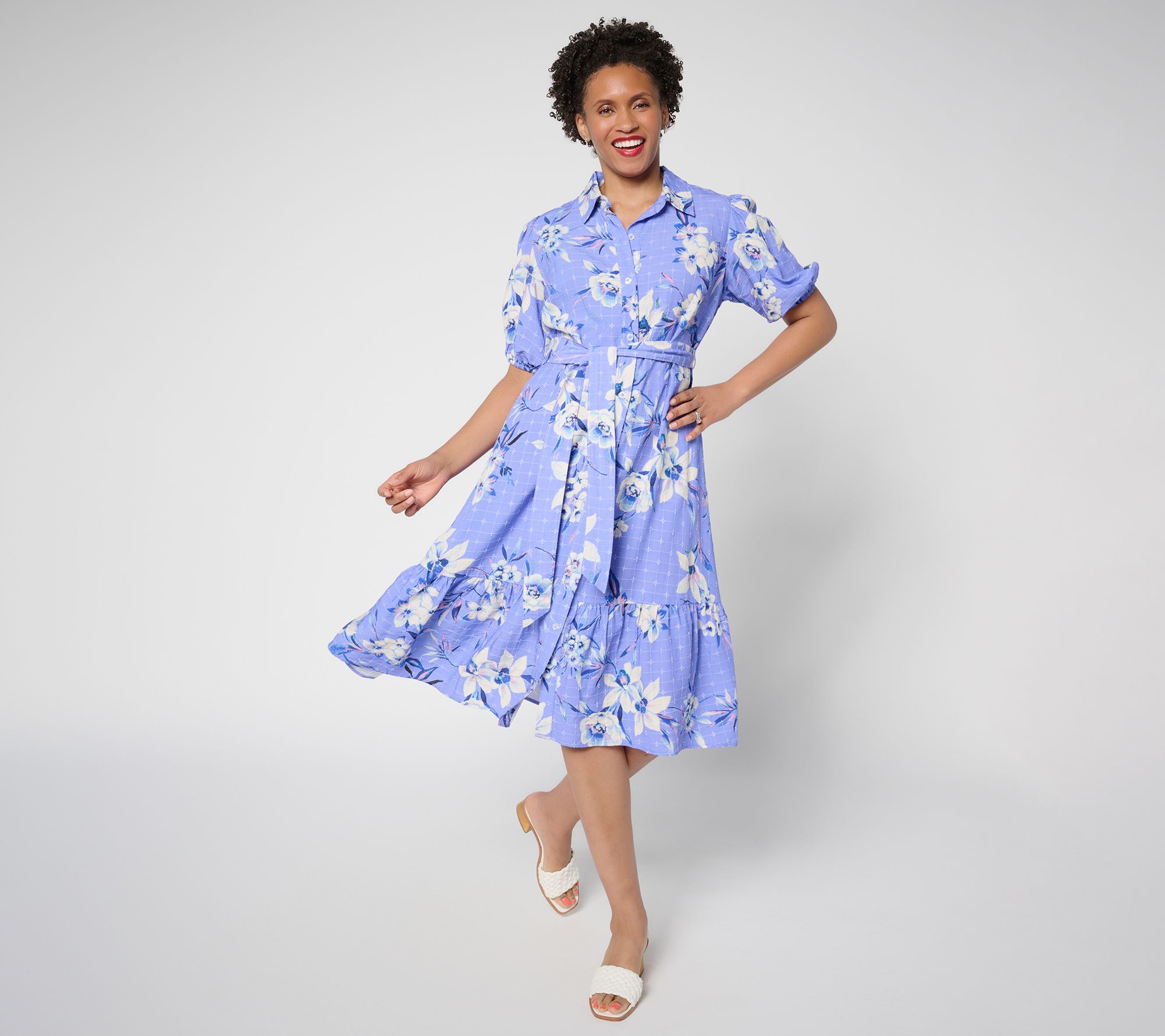 Susan Graver Petite Printed Textured Woven Button Front Midi Dress