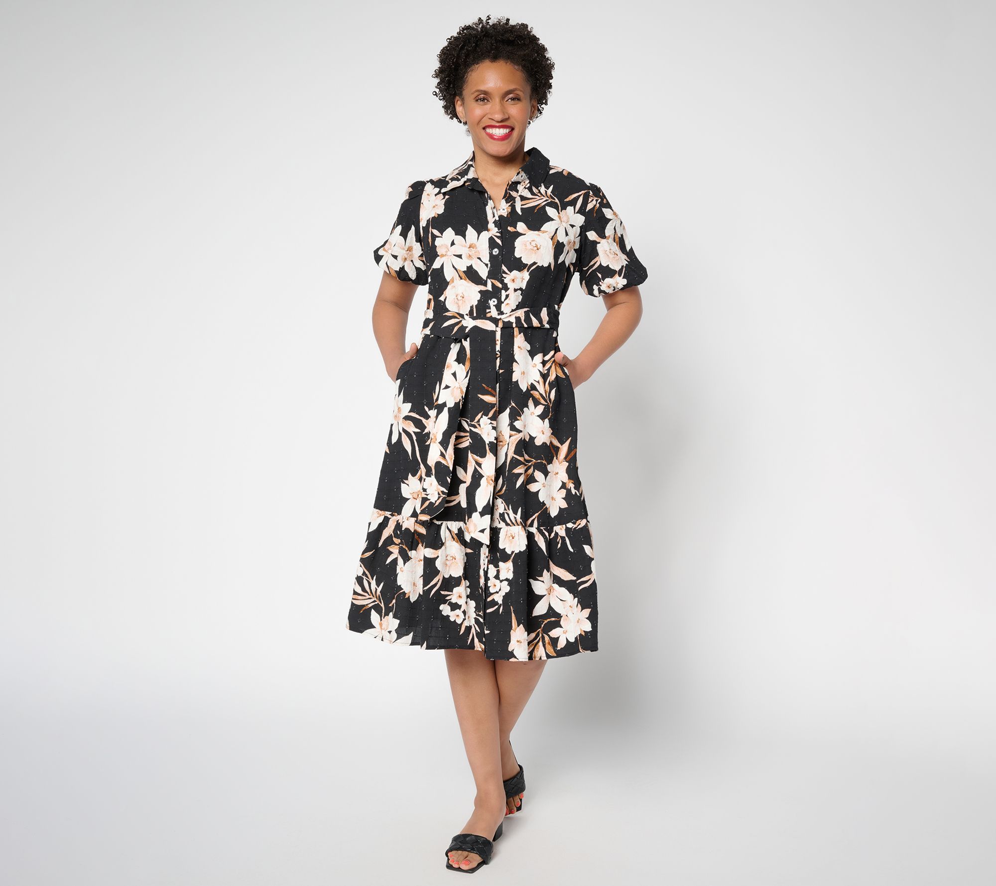 Susan Graver Petite Printed Textured Woven Button Front Midi Dress