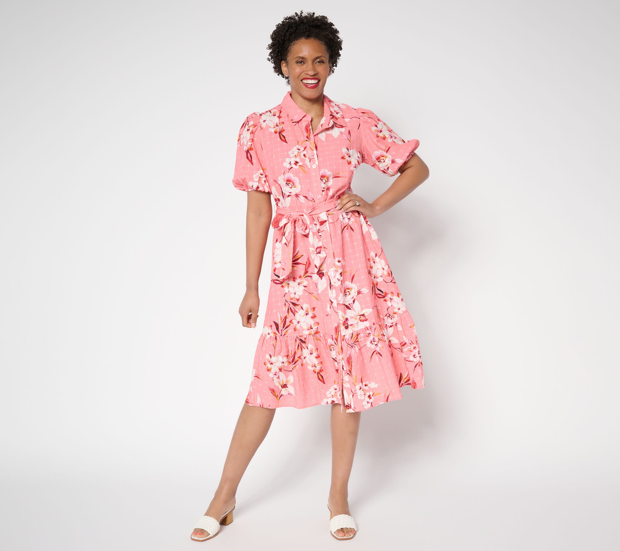 Susan Graver Petite Printed Textured Woven Button Front Midi Dress