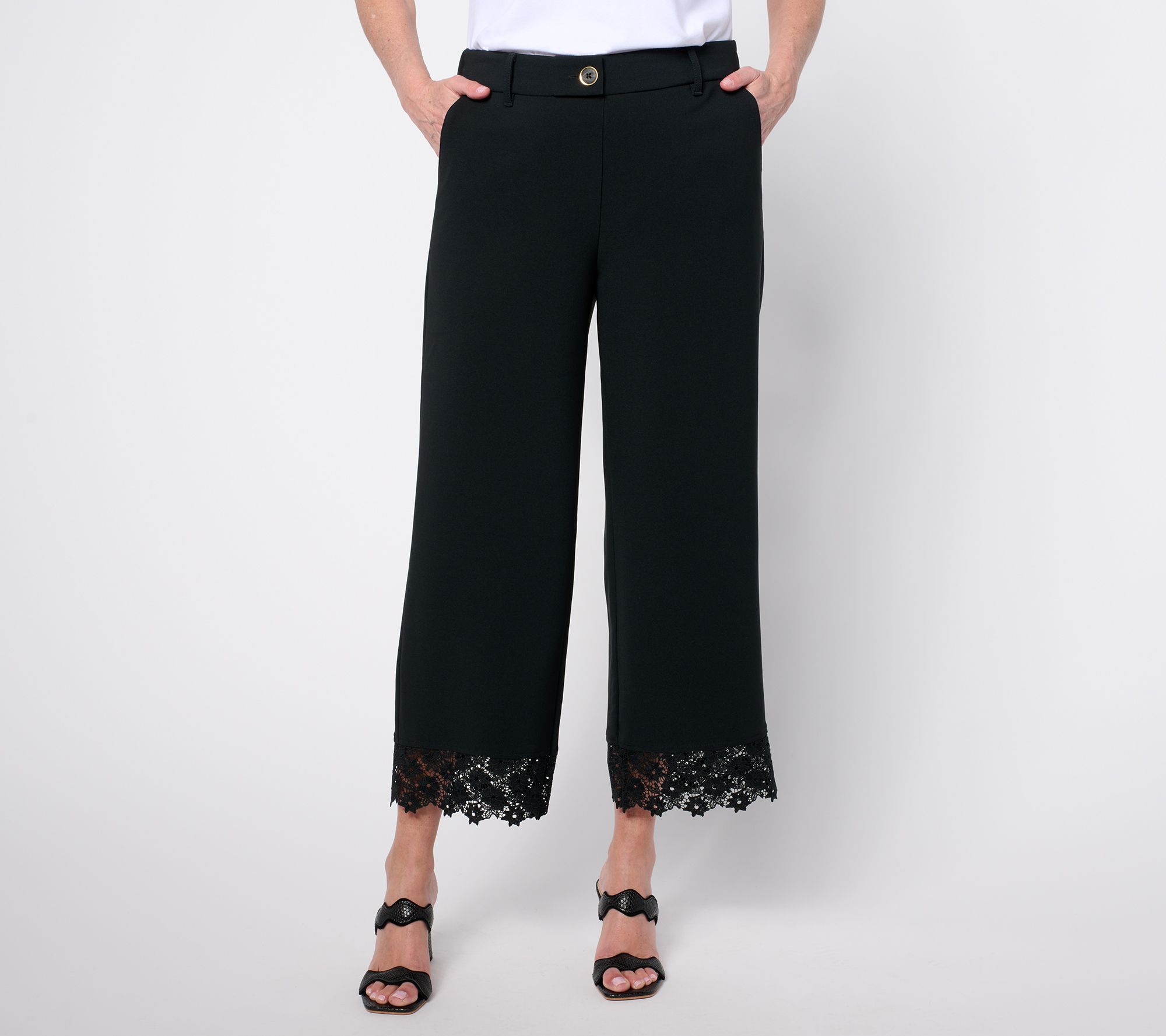 Isaac Mizrahi Live! Petite Crepe Wide Leg Crop Pants with Lace Trim
