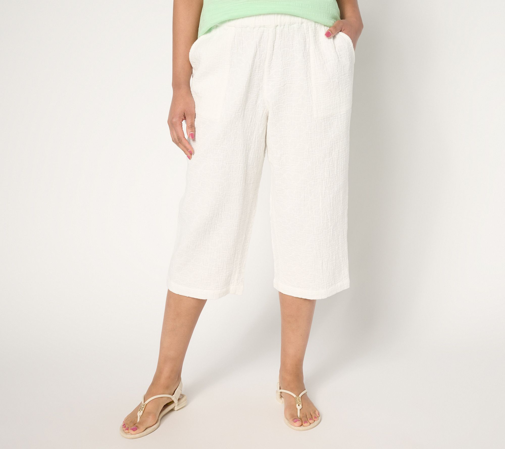 Denim & Co. Beach Petite Cotton Gauze Capri Pant Stitch Detail