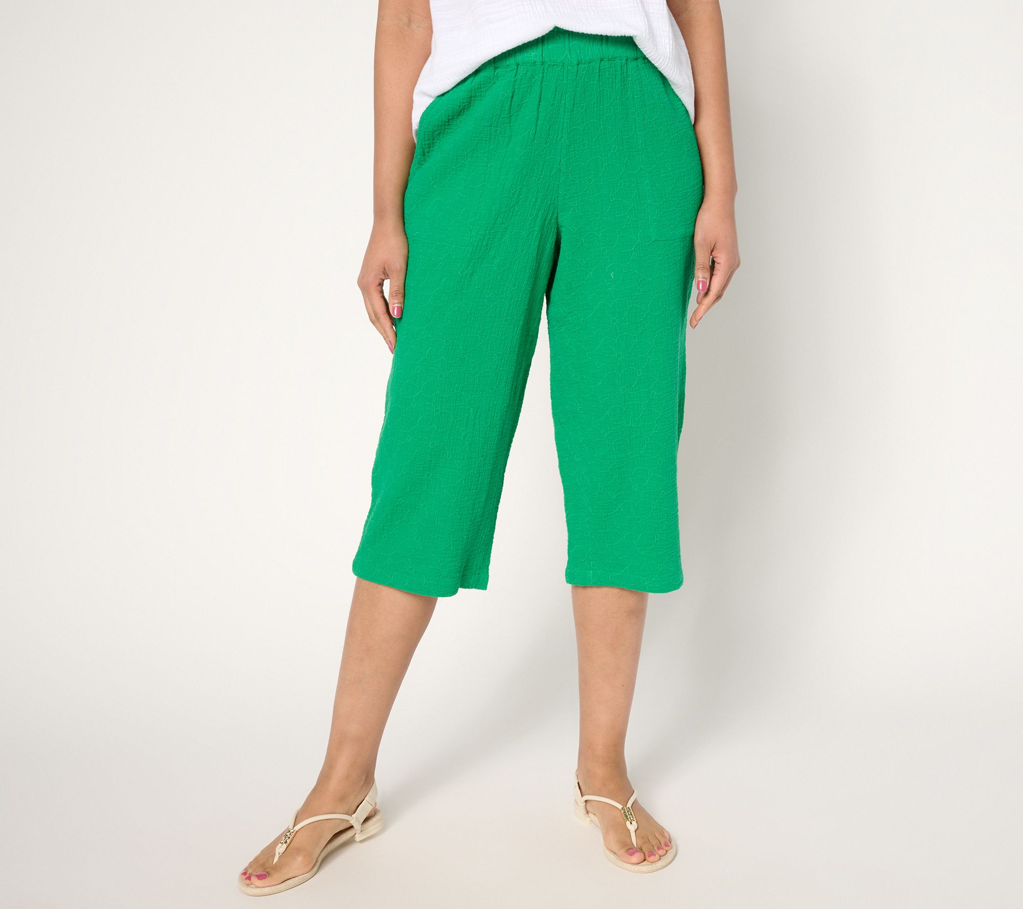 Denim & Co. Beach Petite Cotton Gauze Capri Pant Stitch Detail