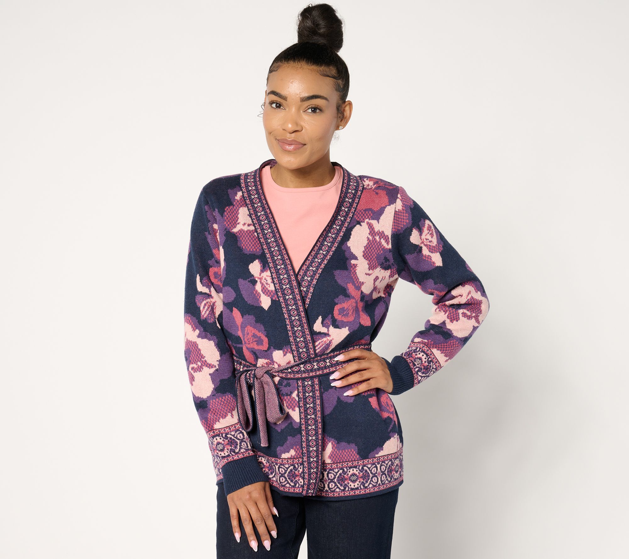 "As Is" Denim & Co. Floral Jacquard Belted Cardigan
