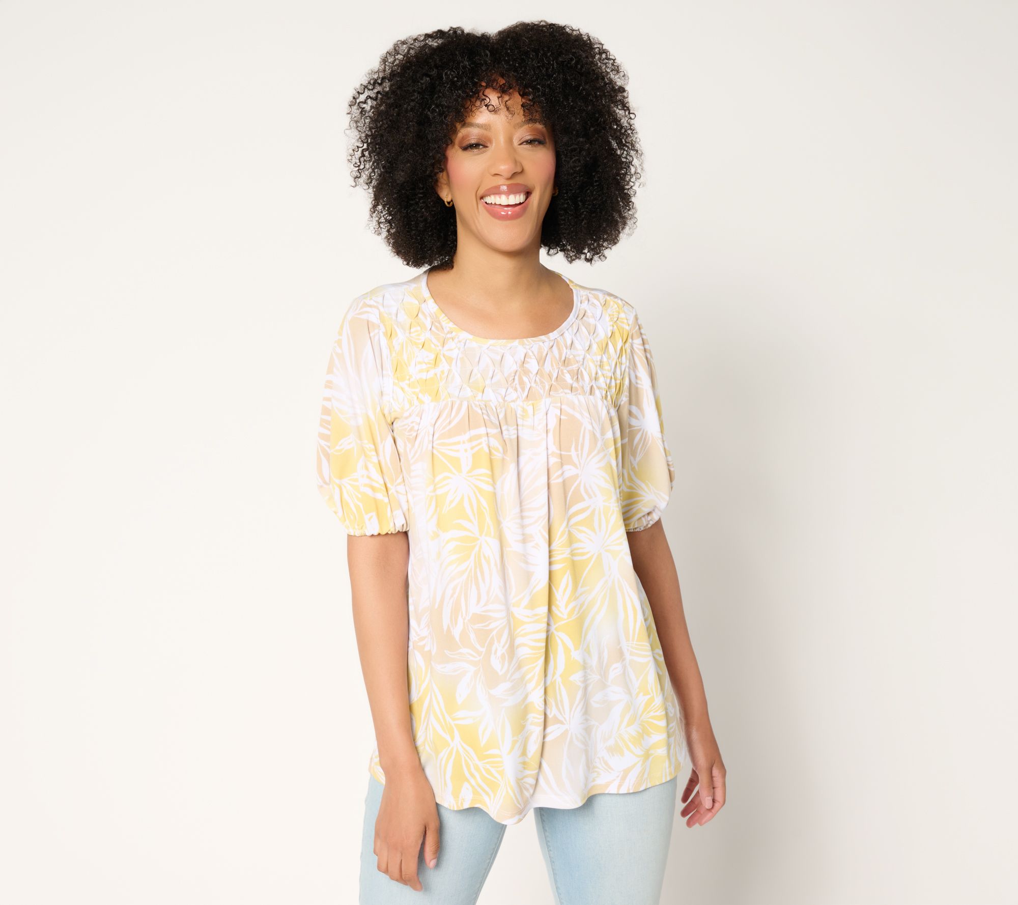 Susan Graver Printed Liquid Knit Blouson Sleeve Top with Smocking Detail