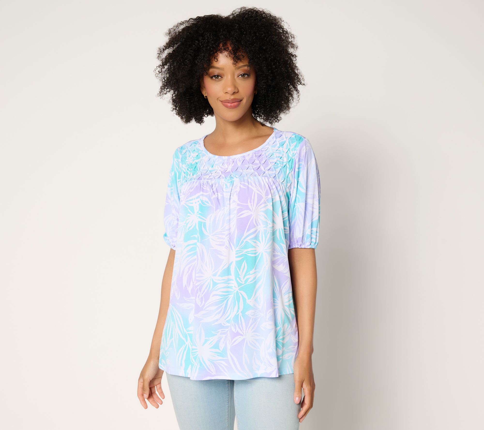 Susan Graver Printed Liquid Knit Blouson Sleeve Top with Smocking Detail
