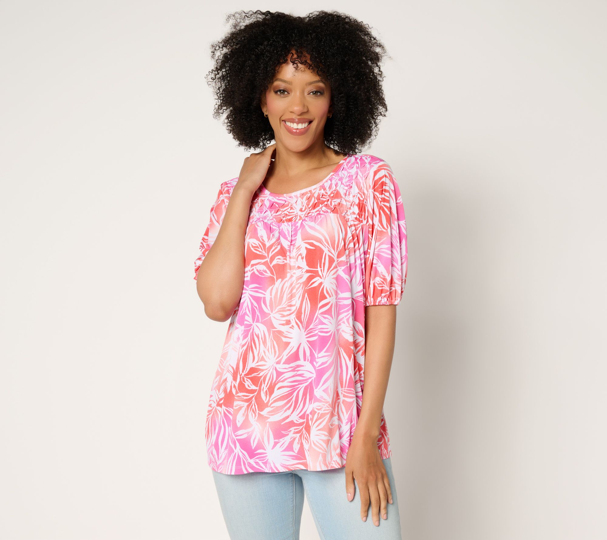 Susan Graver Printed Liquid Knit Blouson Sleeve Top with Smocking Detail
