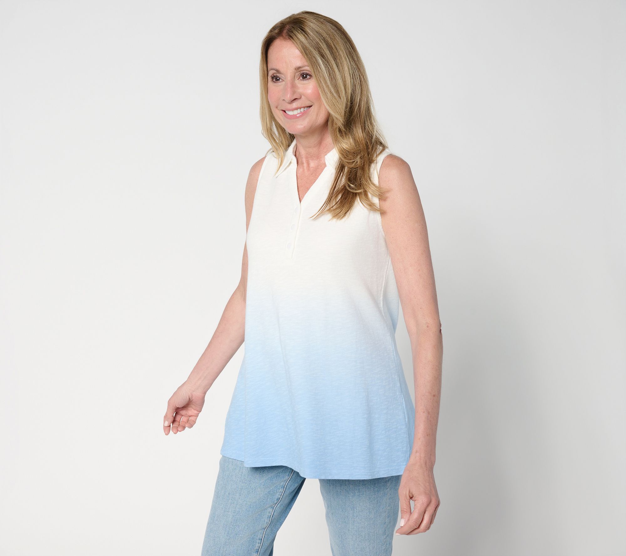  Denim & Co. Slub Jersey Dip Dye Split Neck Polo Tank