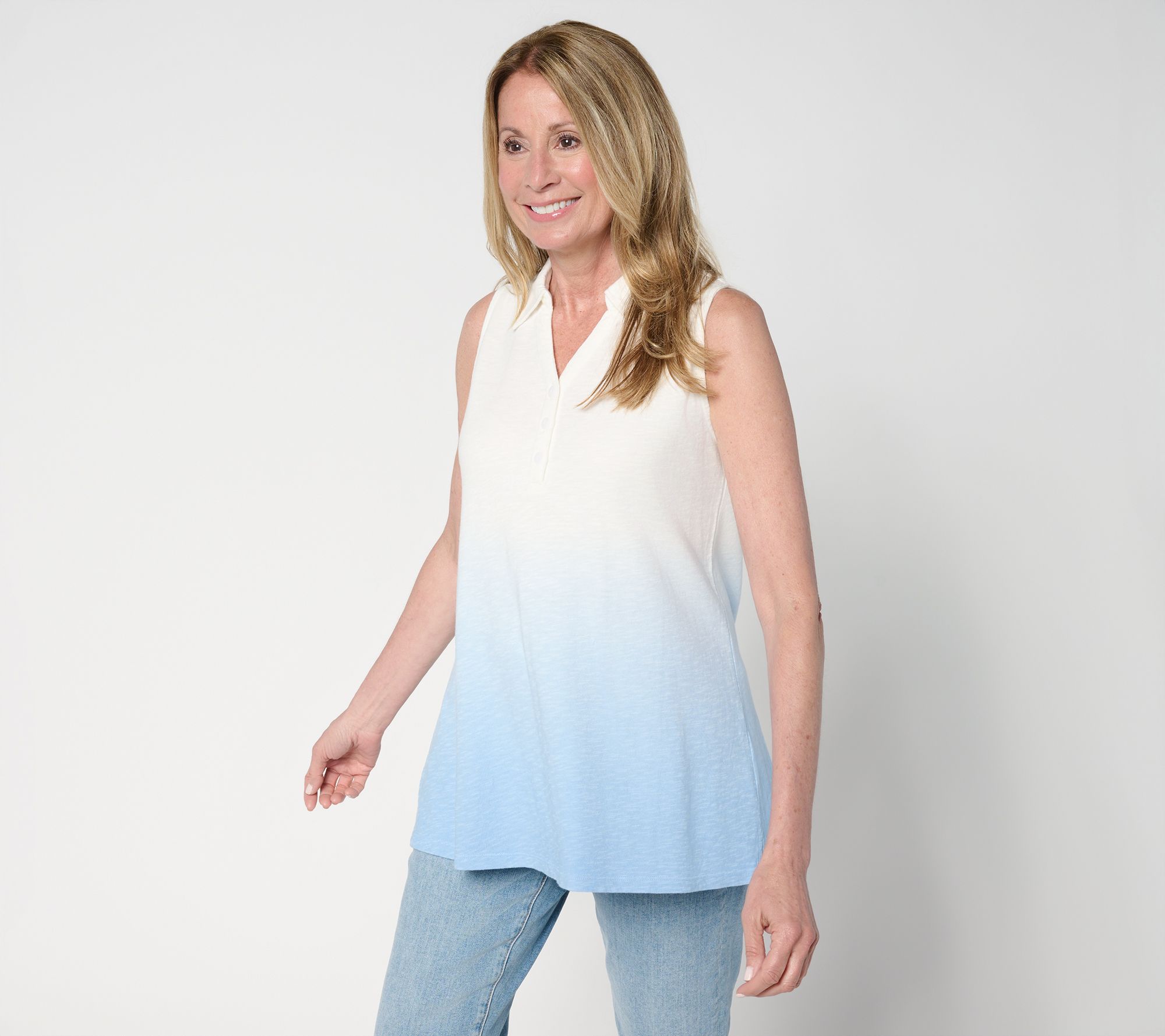 Denim & Co. Slub Jersey Dip Dye Split Neck Polo Tank
