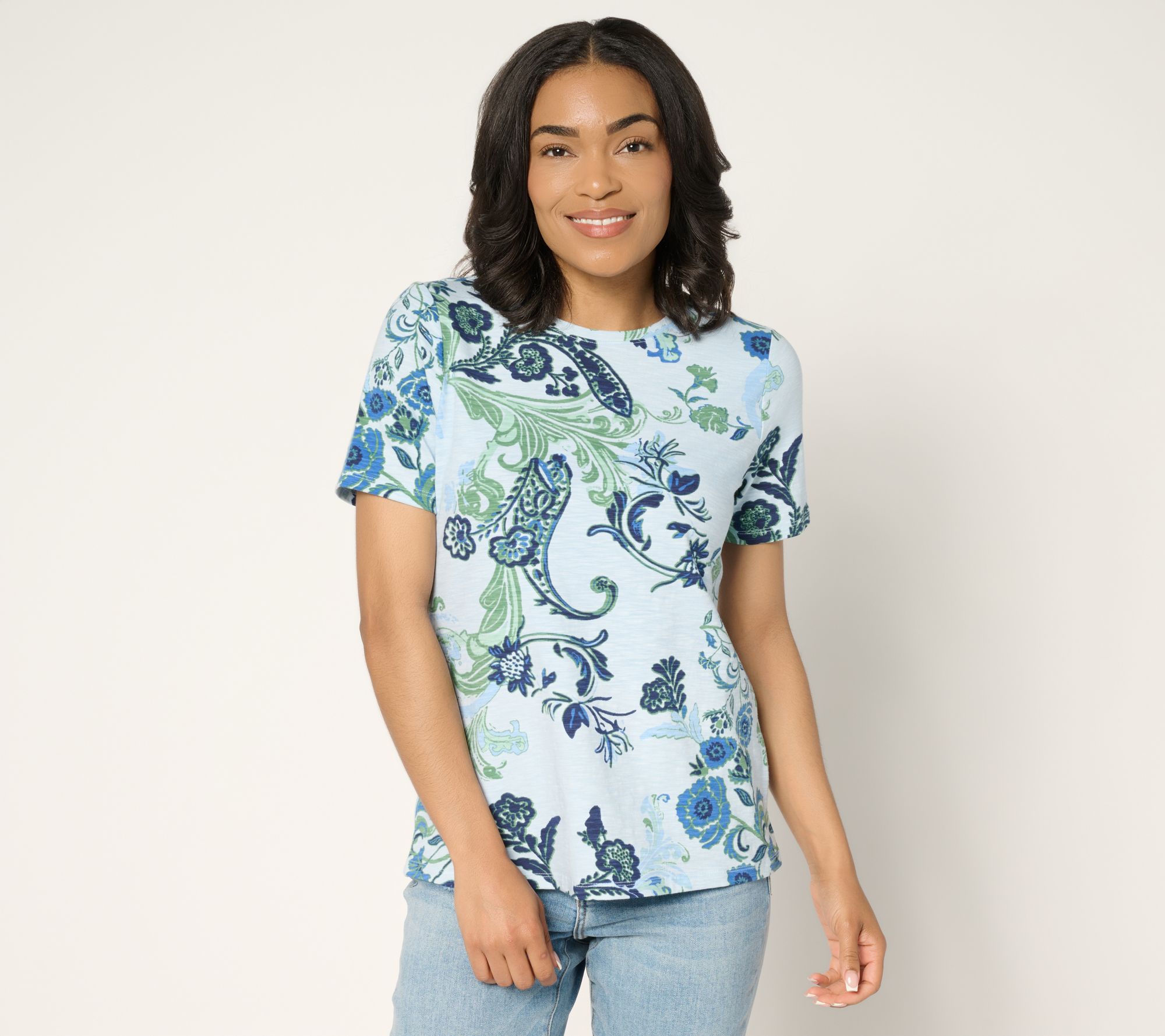 Denim & Co. Printed Textured Knit Short Sleeve Crew Neck Top