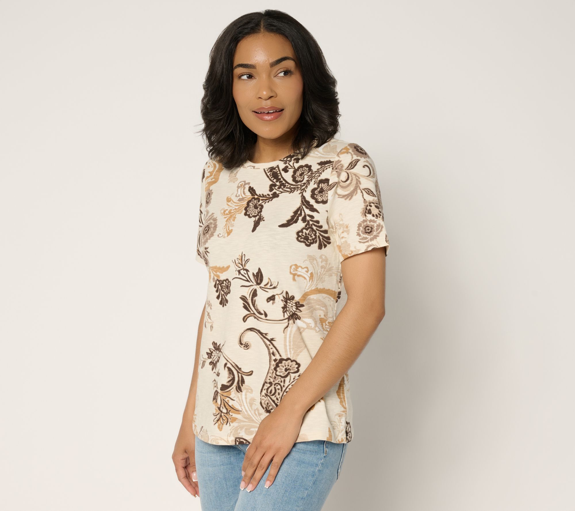 Denim & Co. Printed Textured Knit Short Sleeve Crew Neck Top