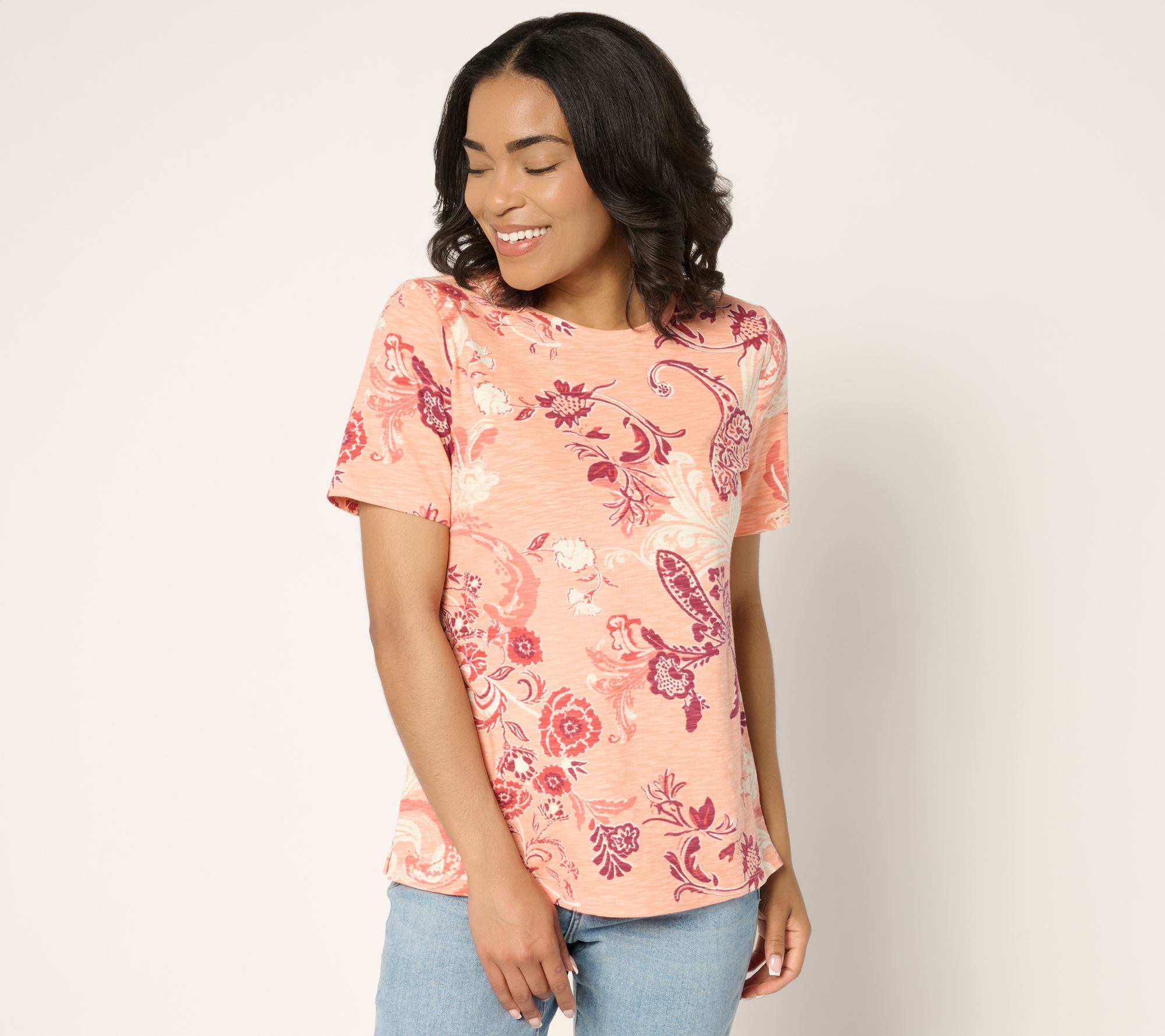 Denim & Co. Printed Textured Knit Short Sleeve Crew Neck Top