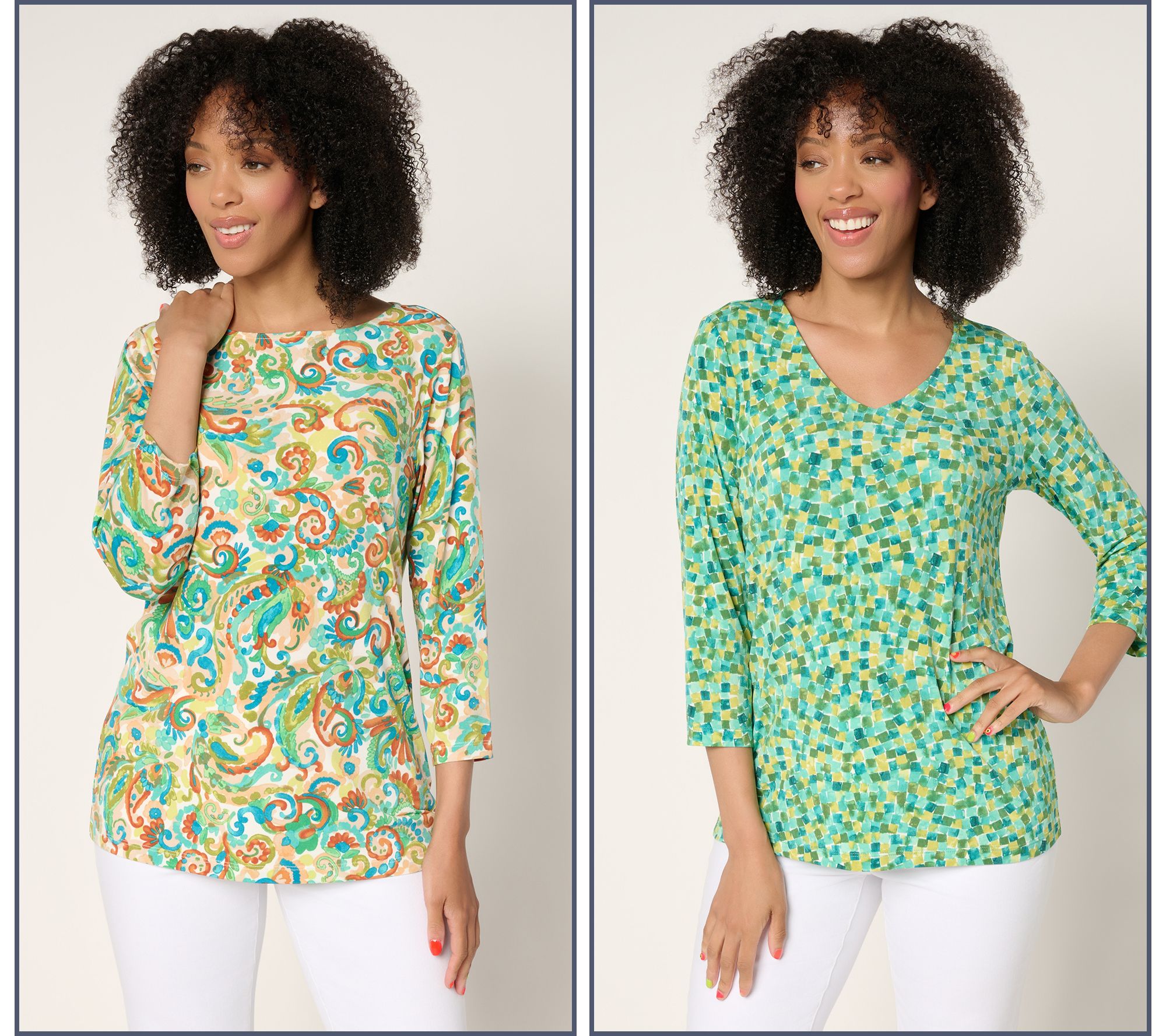 Susan Graver Regular Printed Liquid Knit Set of (2) 3/4 Sleeve Tops