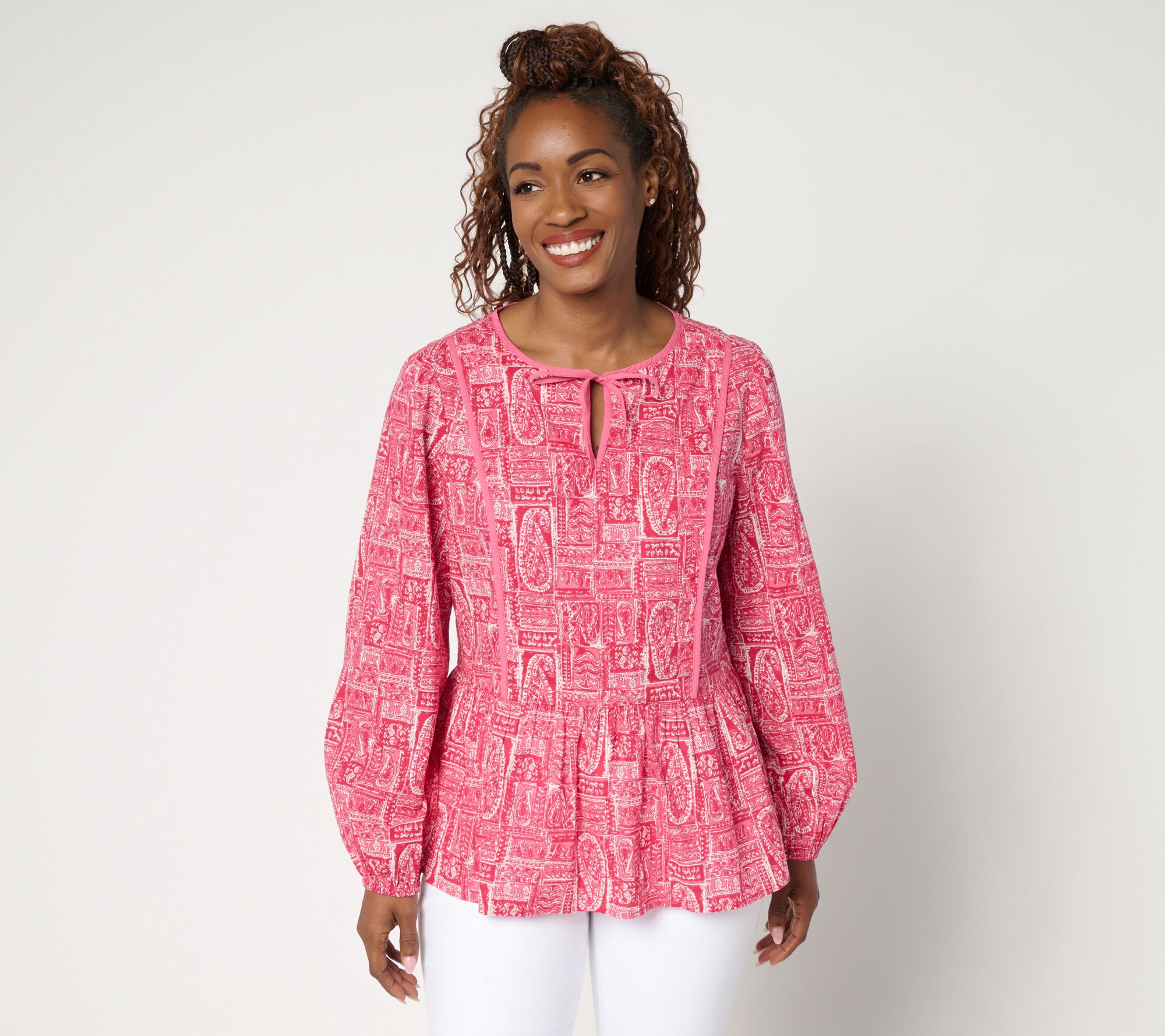 LOGO by Lori Goldstein 100% Cotton Printed Tie Neck Blouse