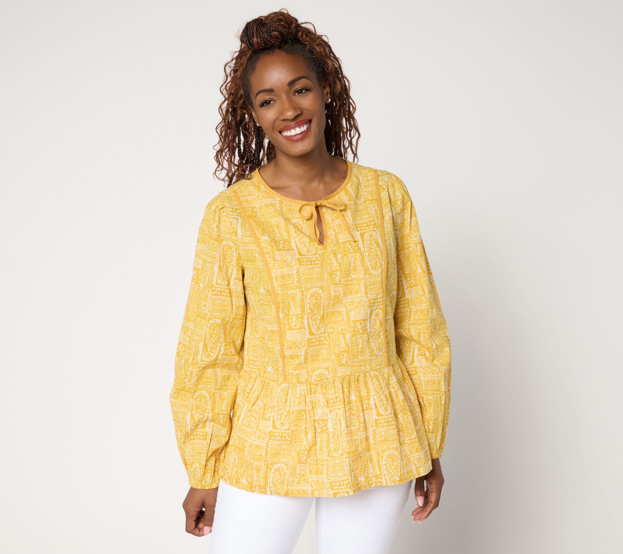 LOGO by Lori Goldstein 100% Cotton Printed Tie Neck Blouse