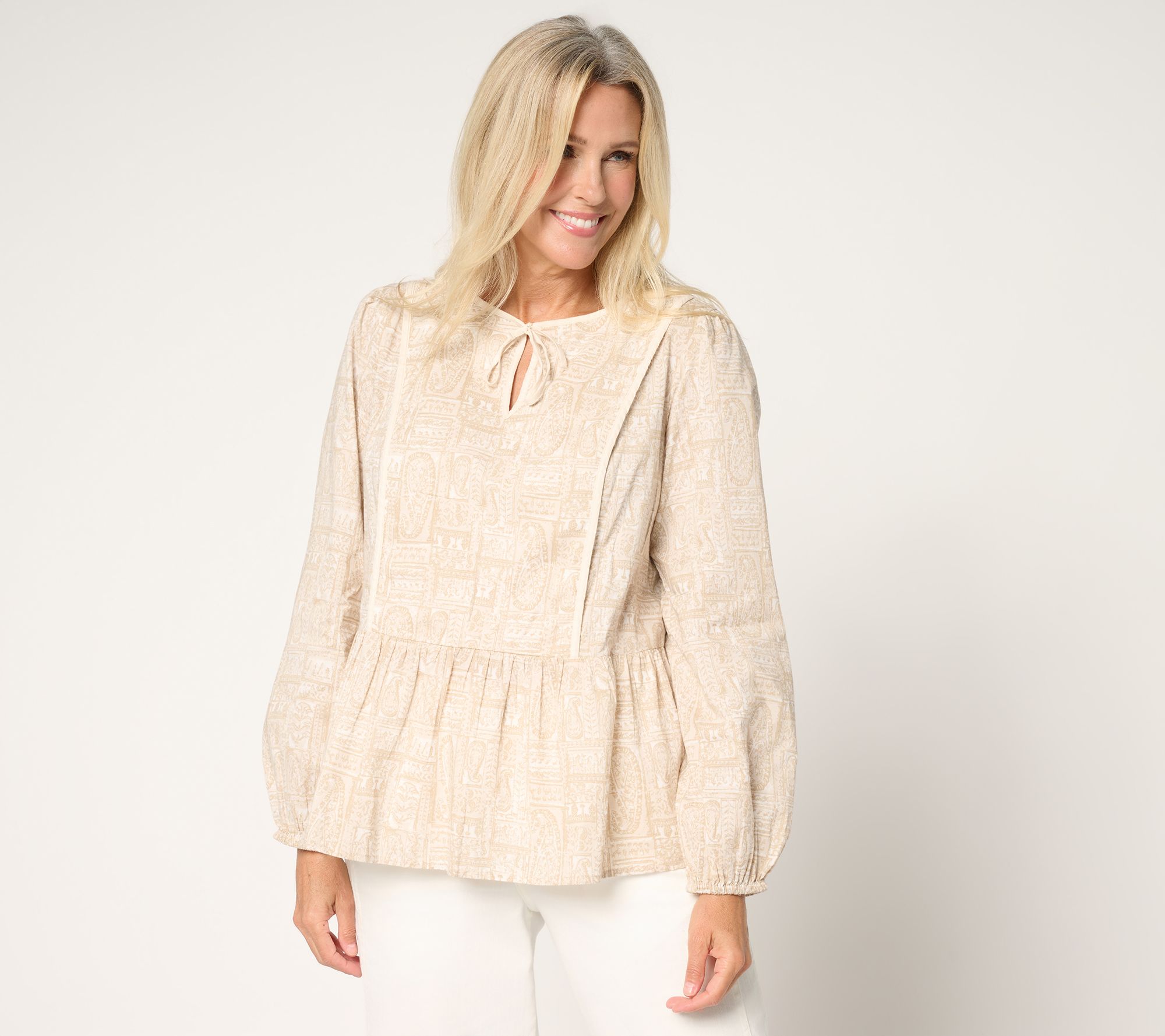 LOGO by Lori Goldstein 100% Cotton Printed Tie Neck Blouse