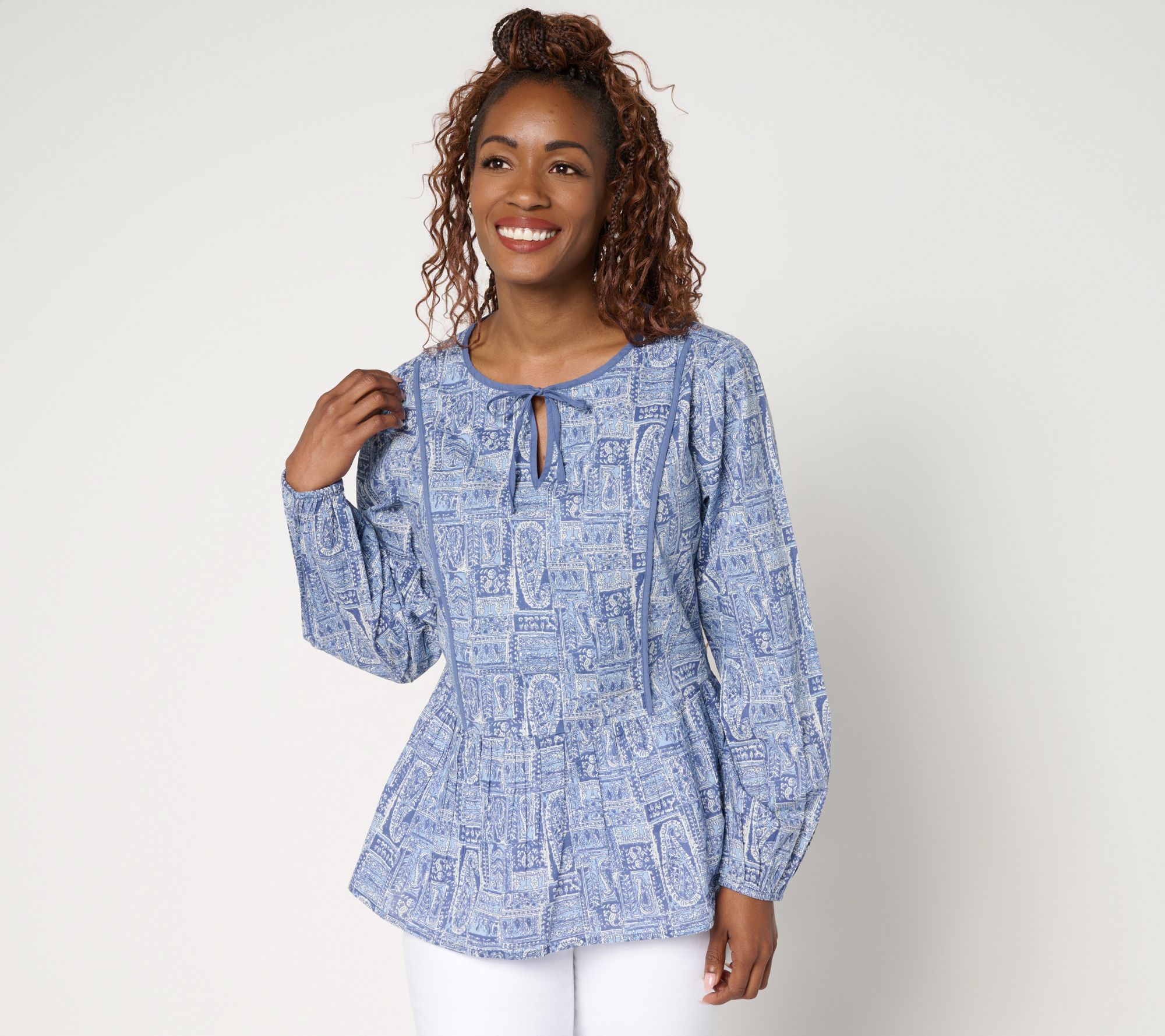 LOGO by Lori Goldstein 100% Cotton Printed Tie Neck Blouse