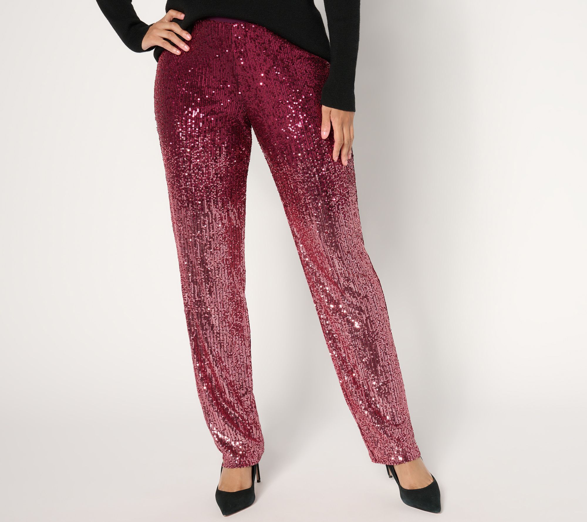 "As Is" Susan Graver Occasion Petite Ombre Sequin Pull On Pants