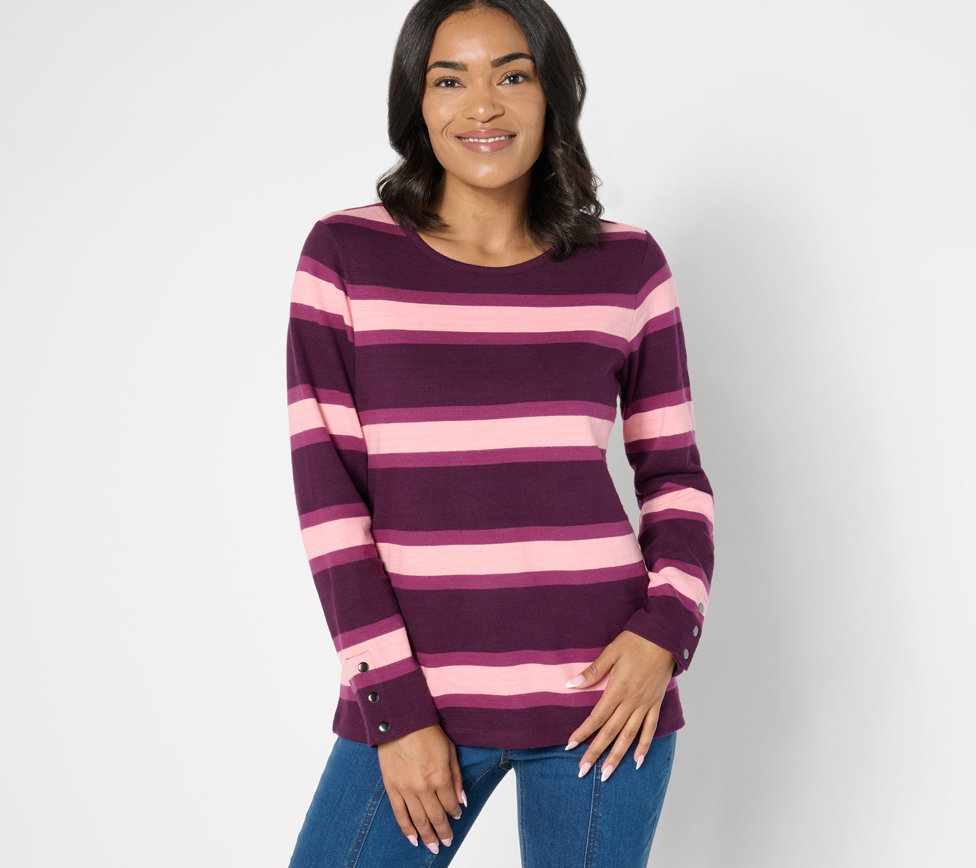 "As Is" Denim & Co. Active Cozy Cotton Striped Top with Snap Detail