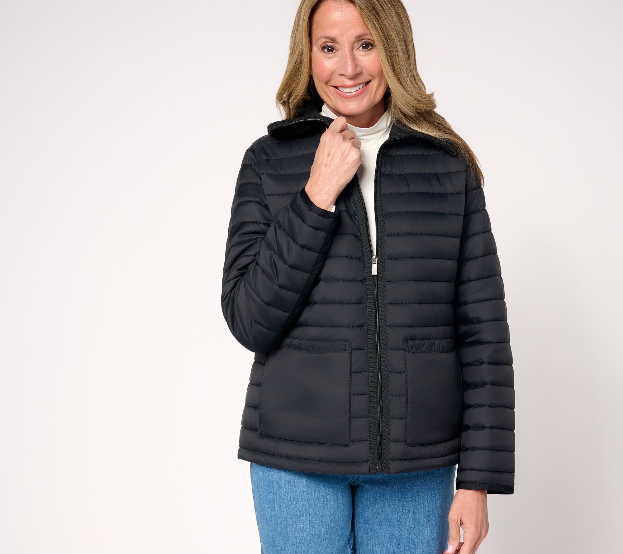 Susan Graver Quilted Jacket with Cable Knit Trim