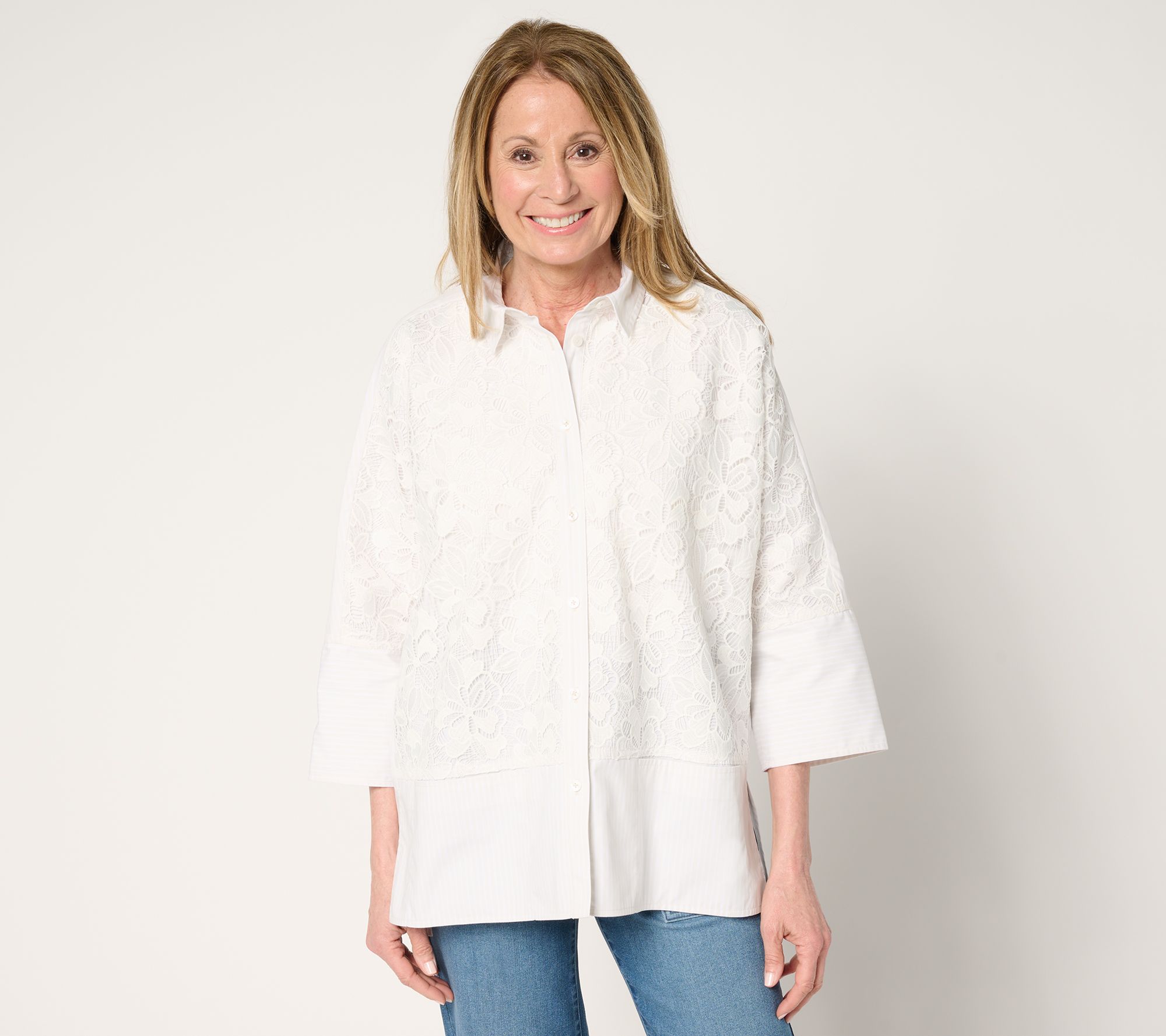"As Is" LOGO Lavish by Lori Goldstein Eyelet Front Poplin Shirt