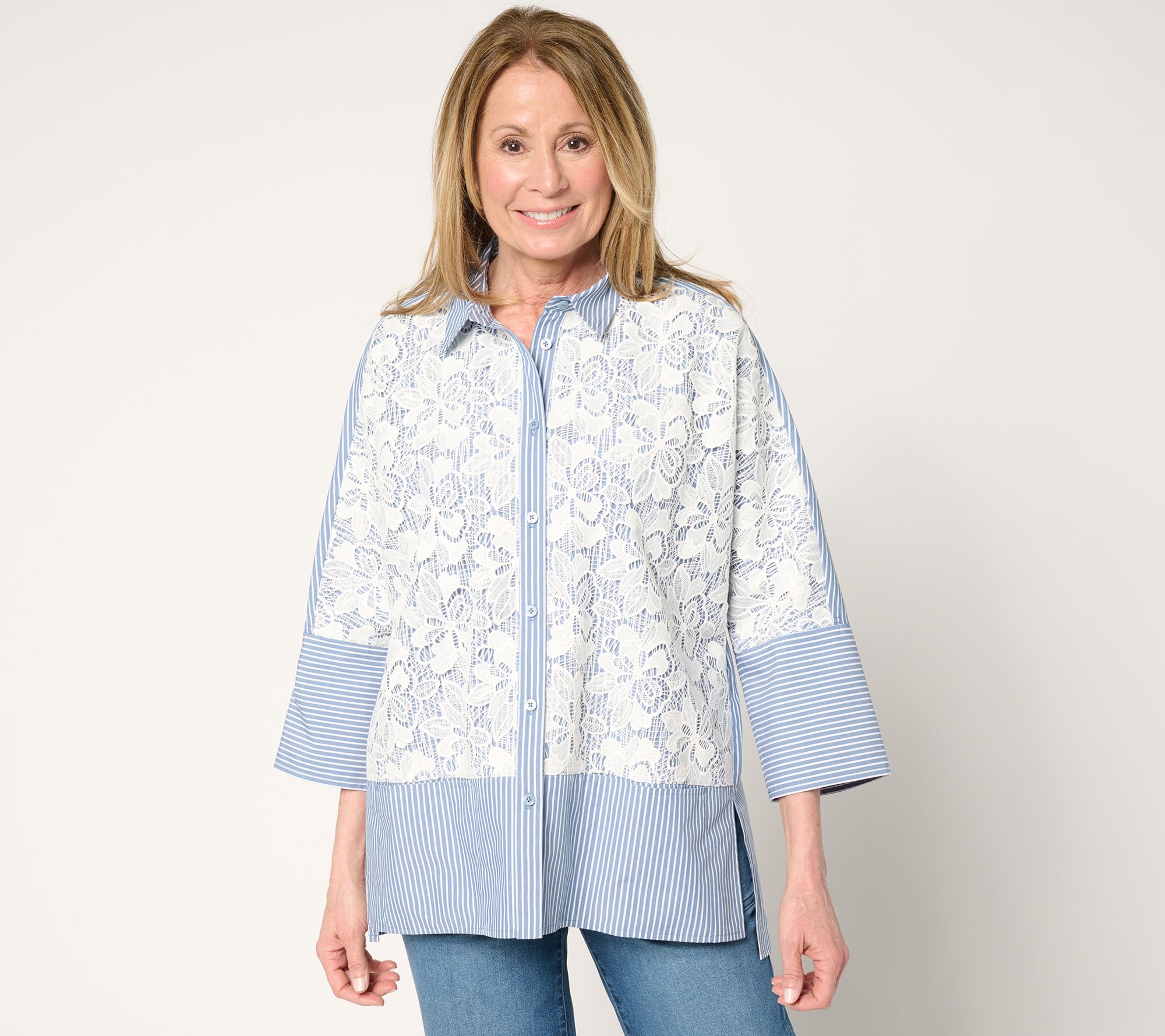 "As Is" LOGO Lavish by Lori Goldstein Eyelet Front Poplin Shirt
