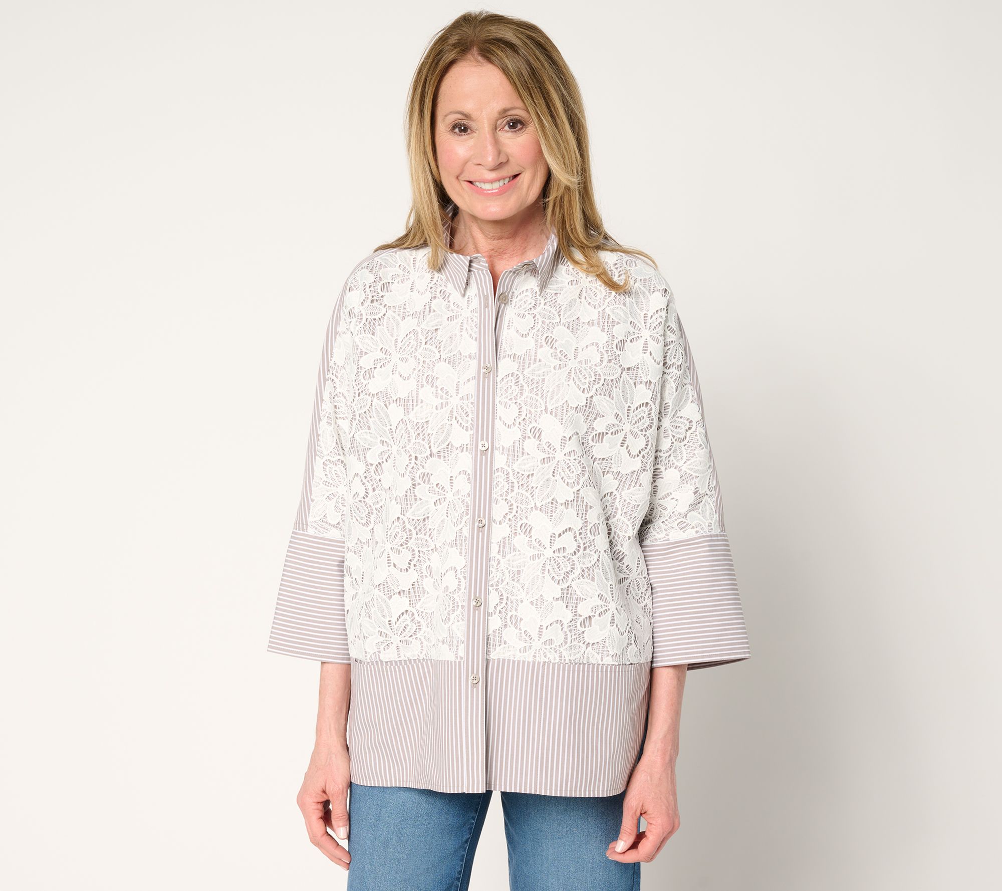 "As Is" LOGO Lavish by Lori Goldstein Eyelet Front Poplin Shirt