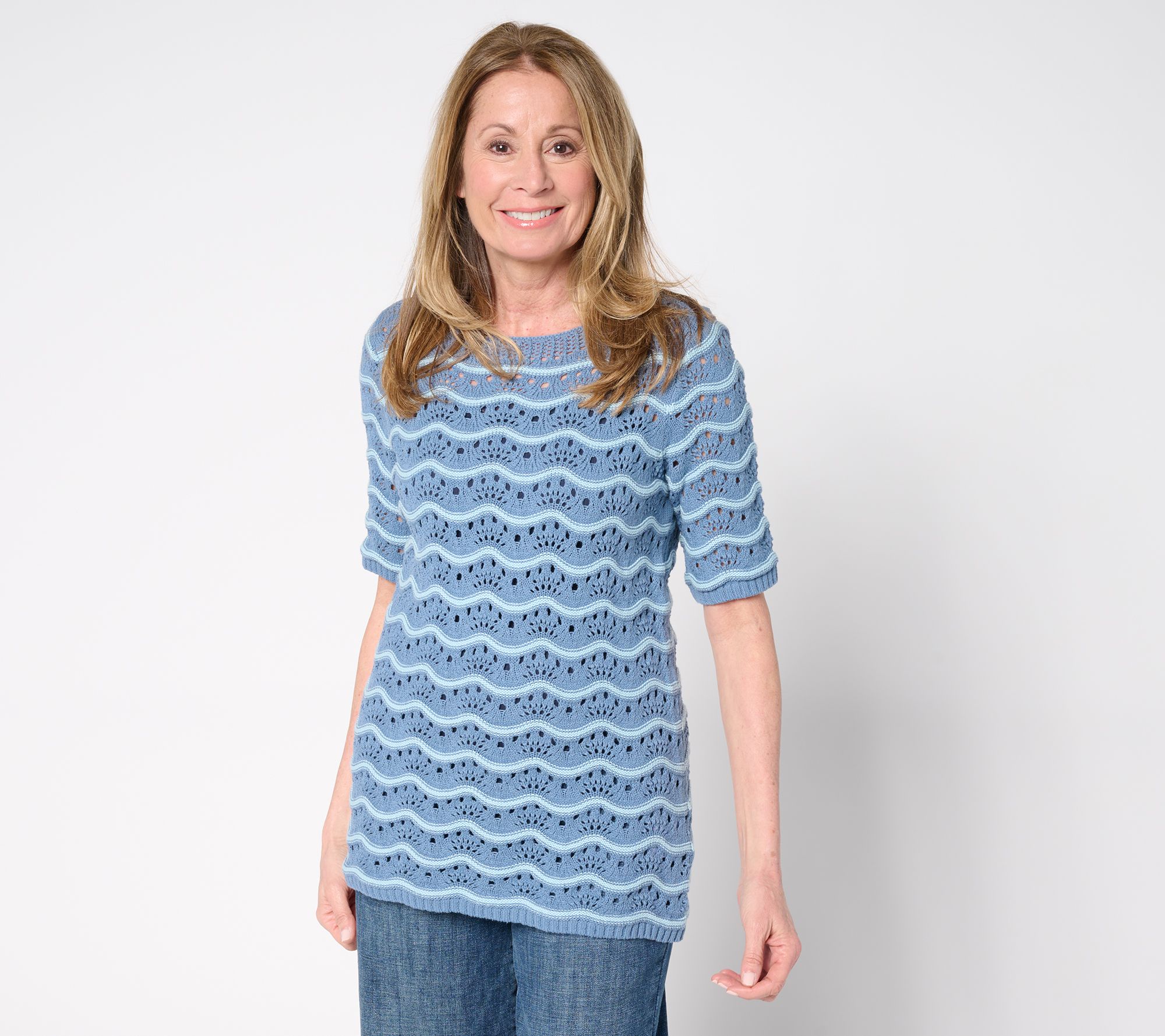 "As Is" Denim & Co. 100% Cotton Pointelle Elbow Sleeve Sweater